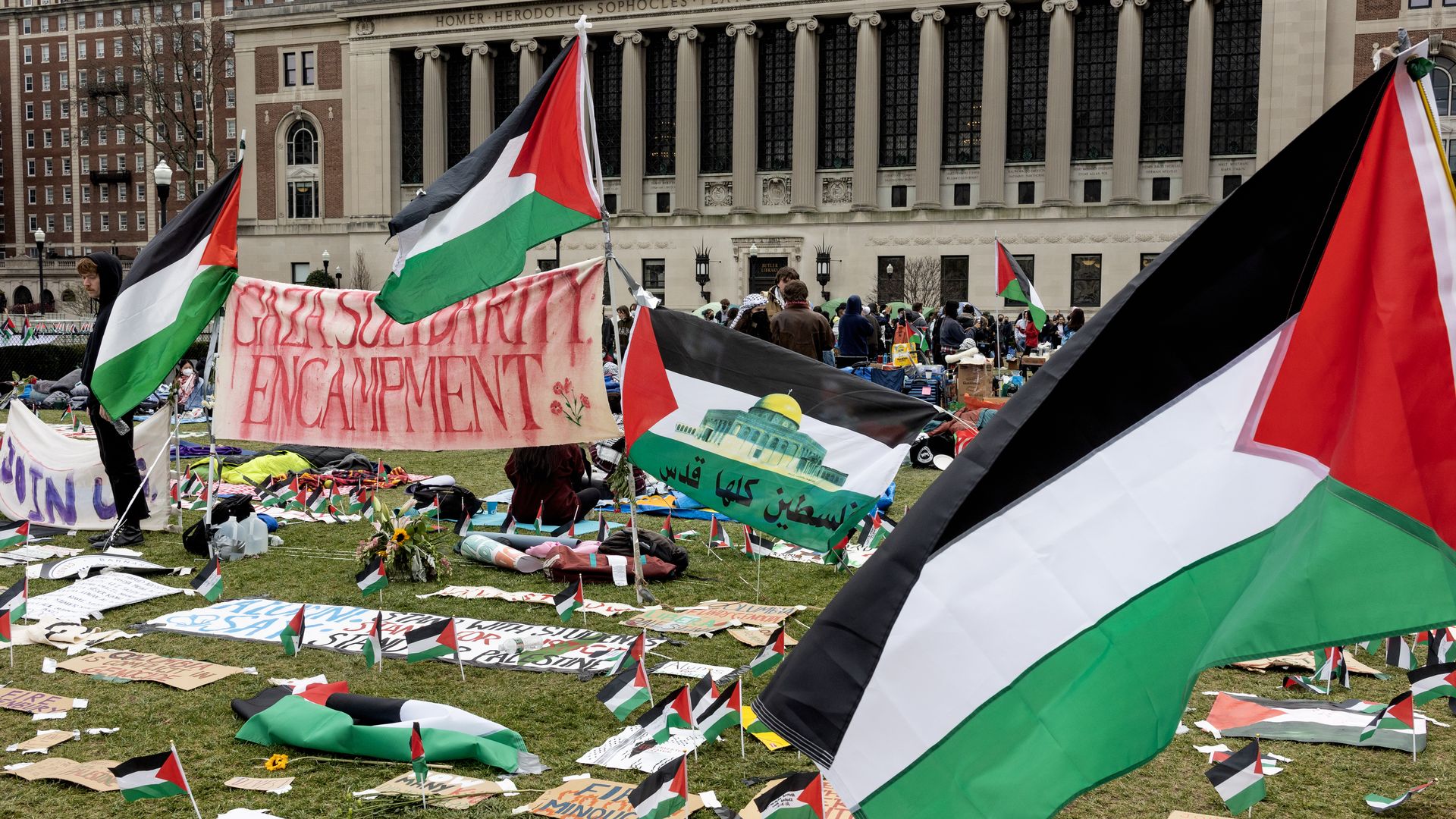 Pro-Palestinian students occupy a central lawn on the Columbia University in New York City in April 2024.
