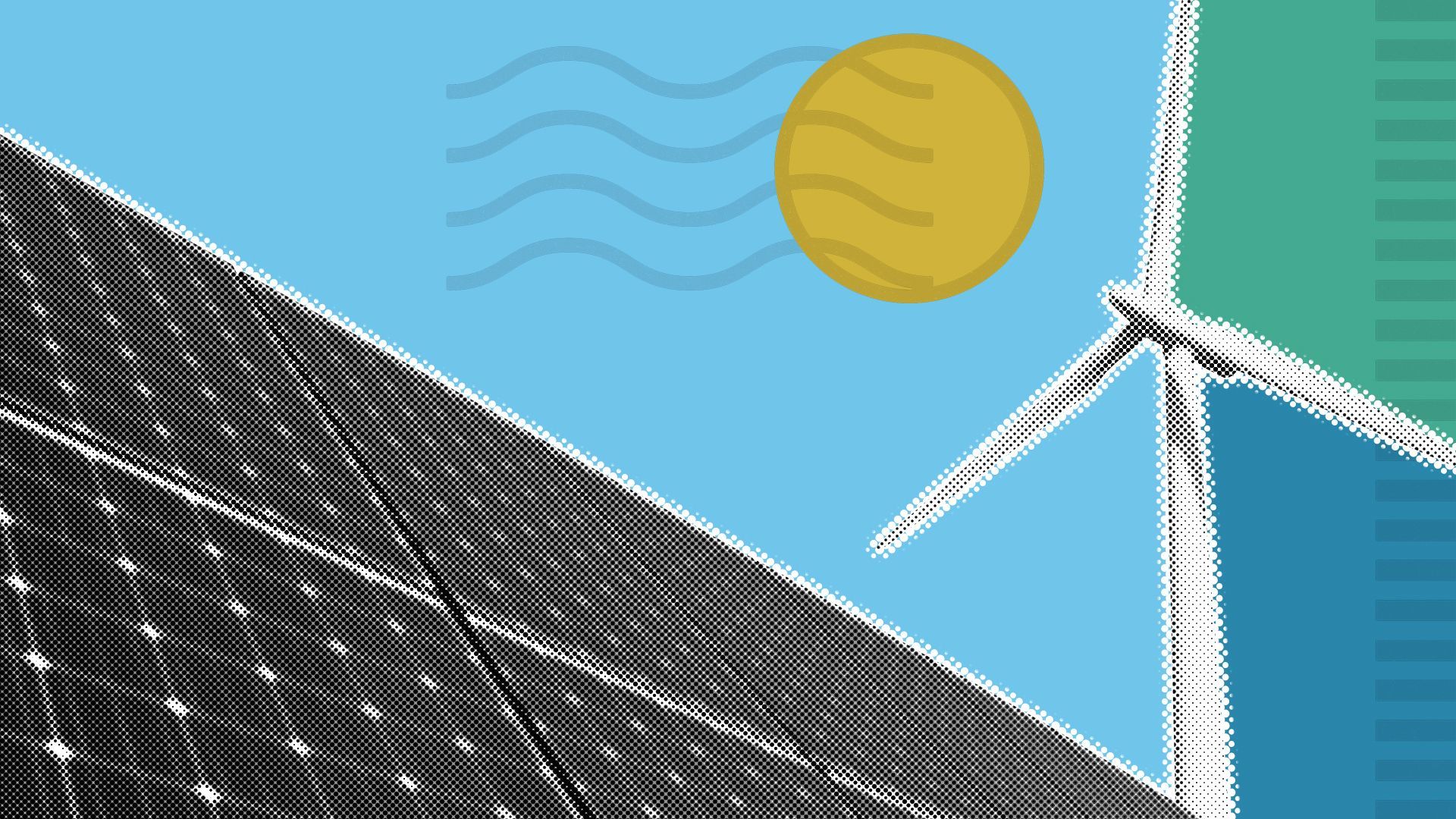 Illustration of a set of solar panels and a wind turbine surrounded by various ballot assets
