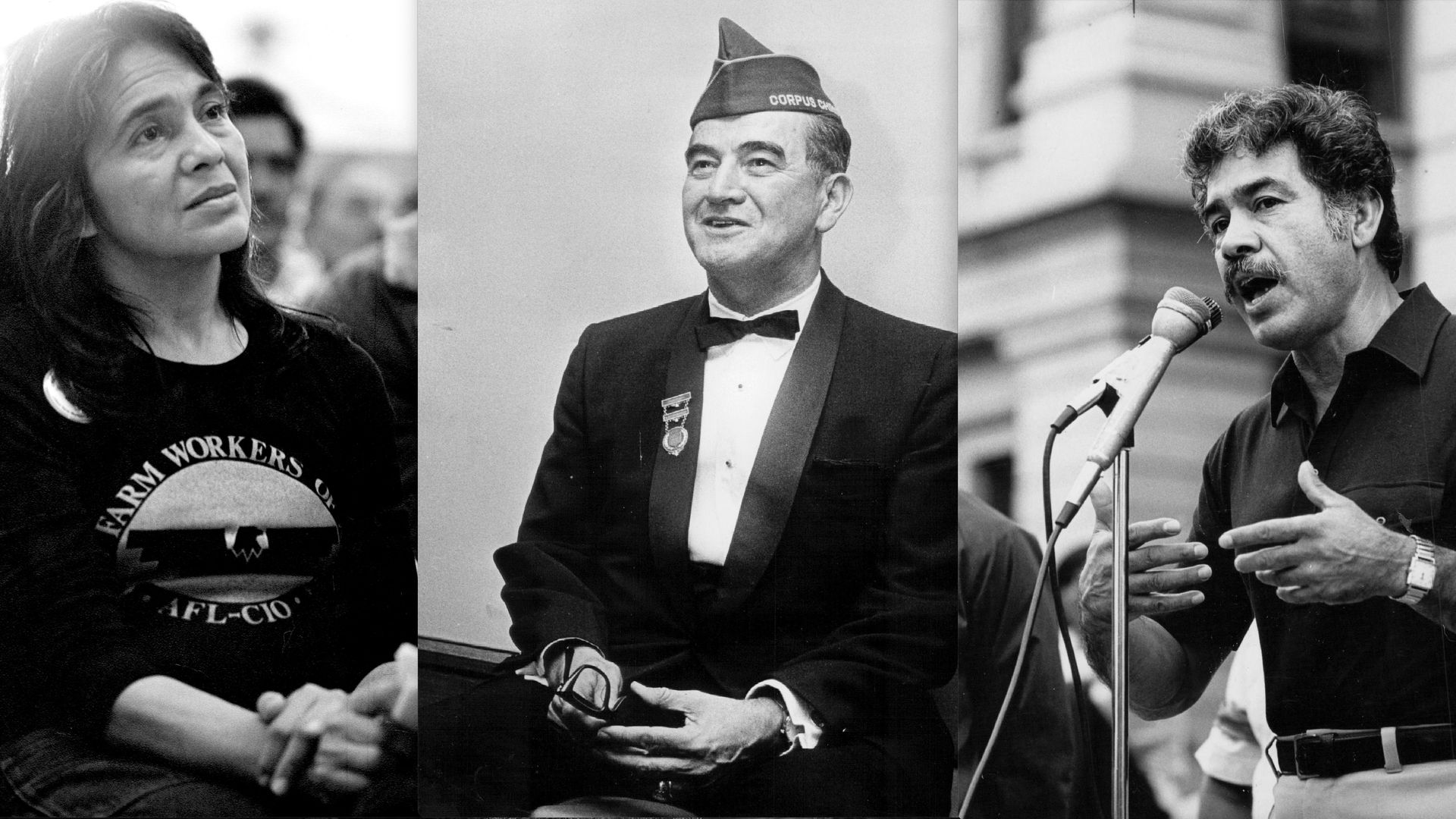Historical images of Latino civil rights advocates Dolores Huerta, Hector P. Garcia and Rodolfo "Corky" Gonzales
