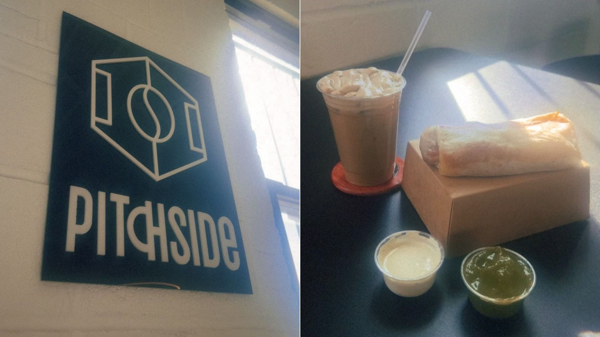 Two-panel image: left shows a blue wall sign reading "PITCHSIDE" with a white geometric cube logo. Right shows a table with iced coffee, a wrapped sandwich in a brown box, and white and green sauce cups.