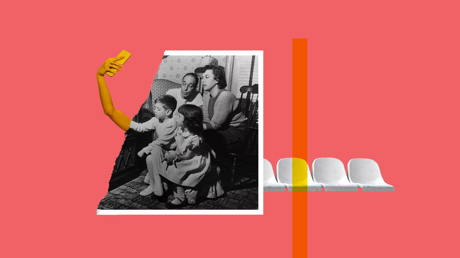 Collage illustration of an arm taking a selfie, laid on top of a torn photograph of a family gathered around a television set. There is a row of empty benches in the background.