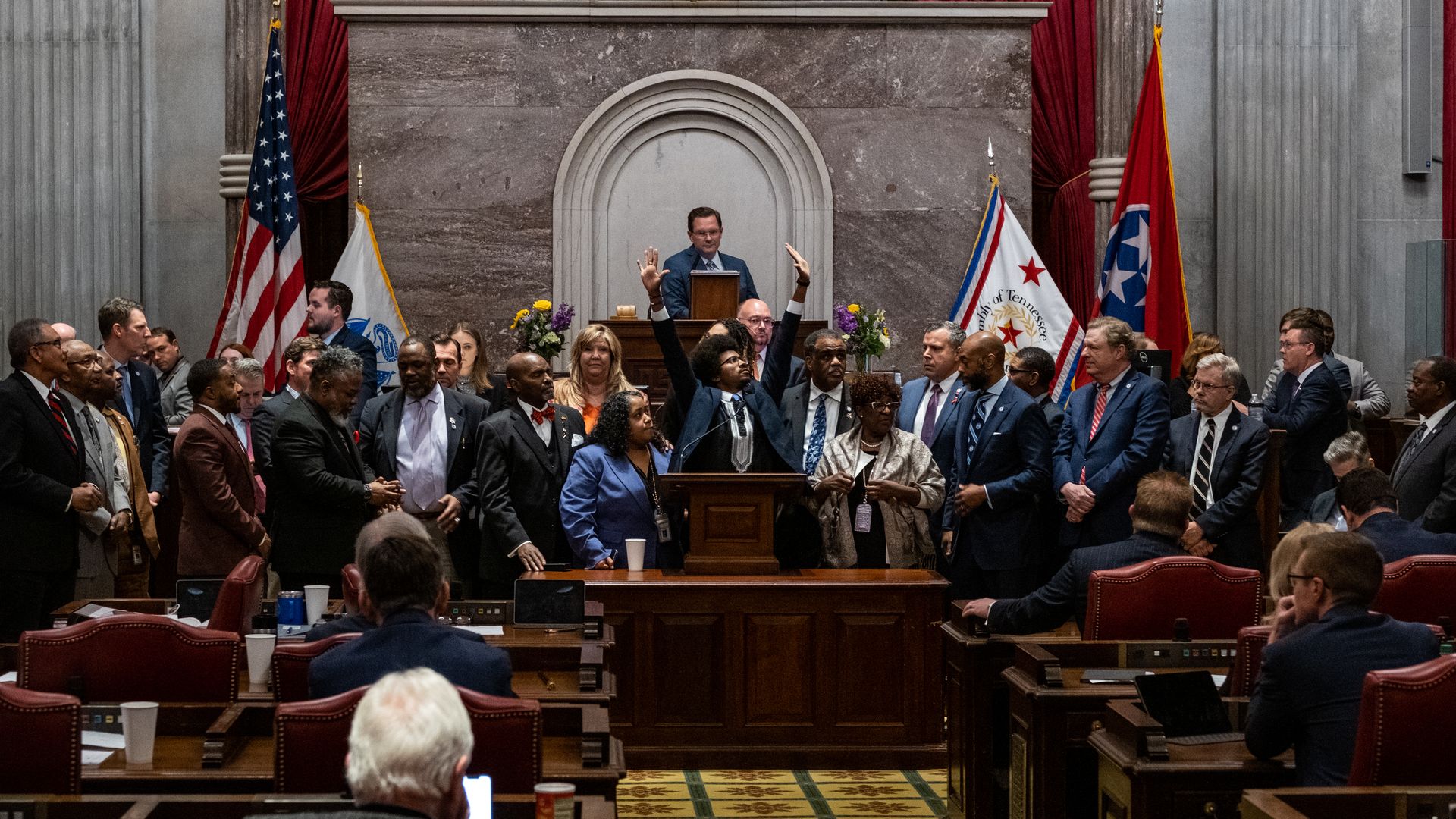 Justin Pearson of Memphis acknowledges supporters after being expelled from the state Legislature on April 6