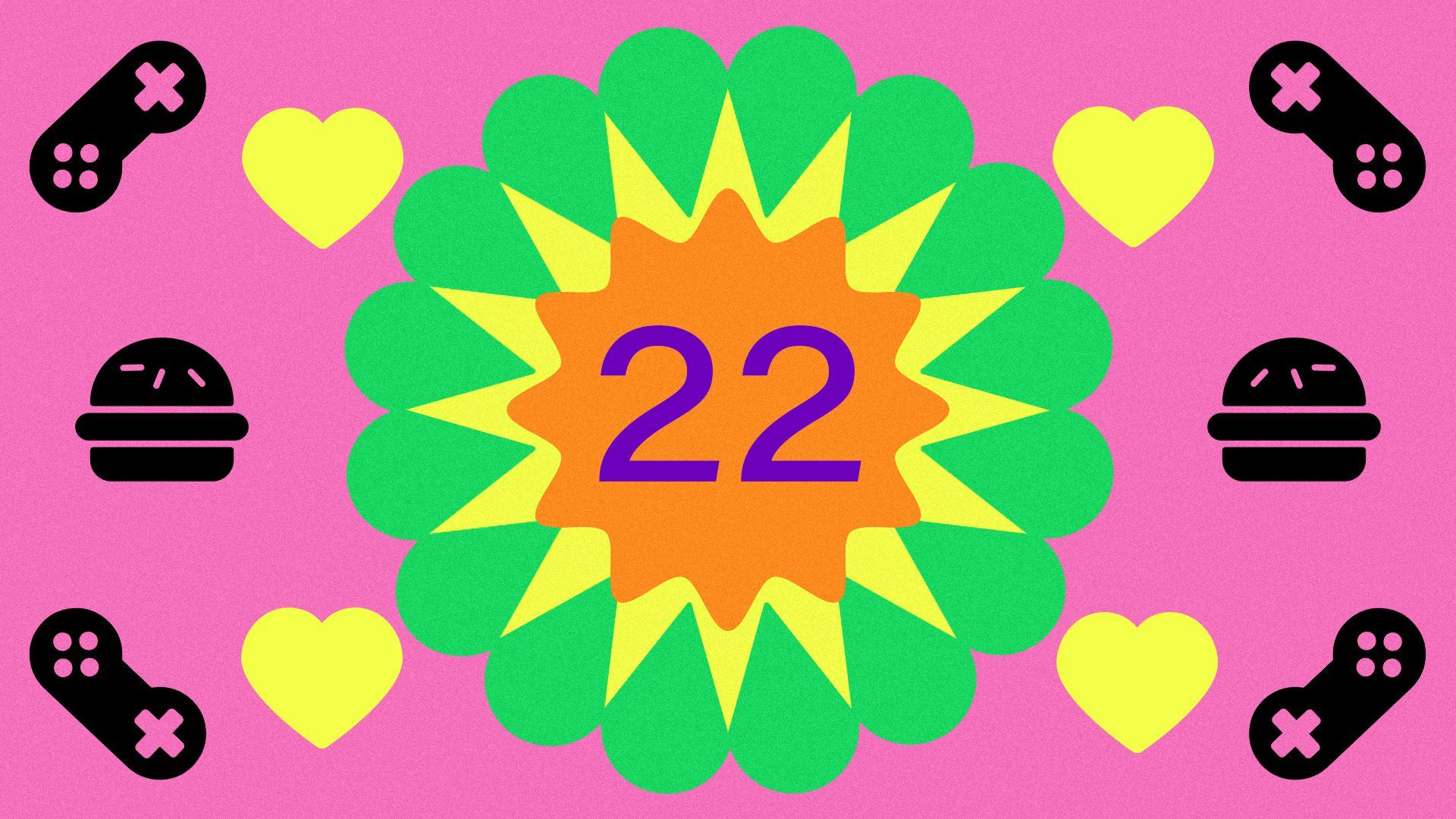 Illustration of shapes and icons including a burger, video game controller, and hearts in the style of the Spotify wrapped branding