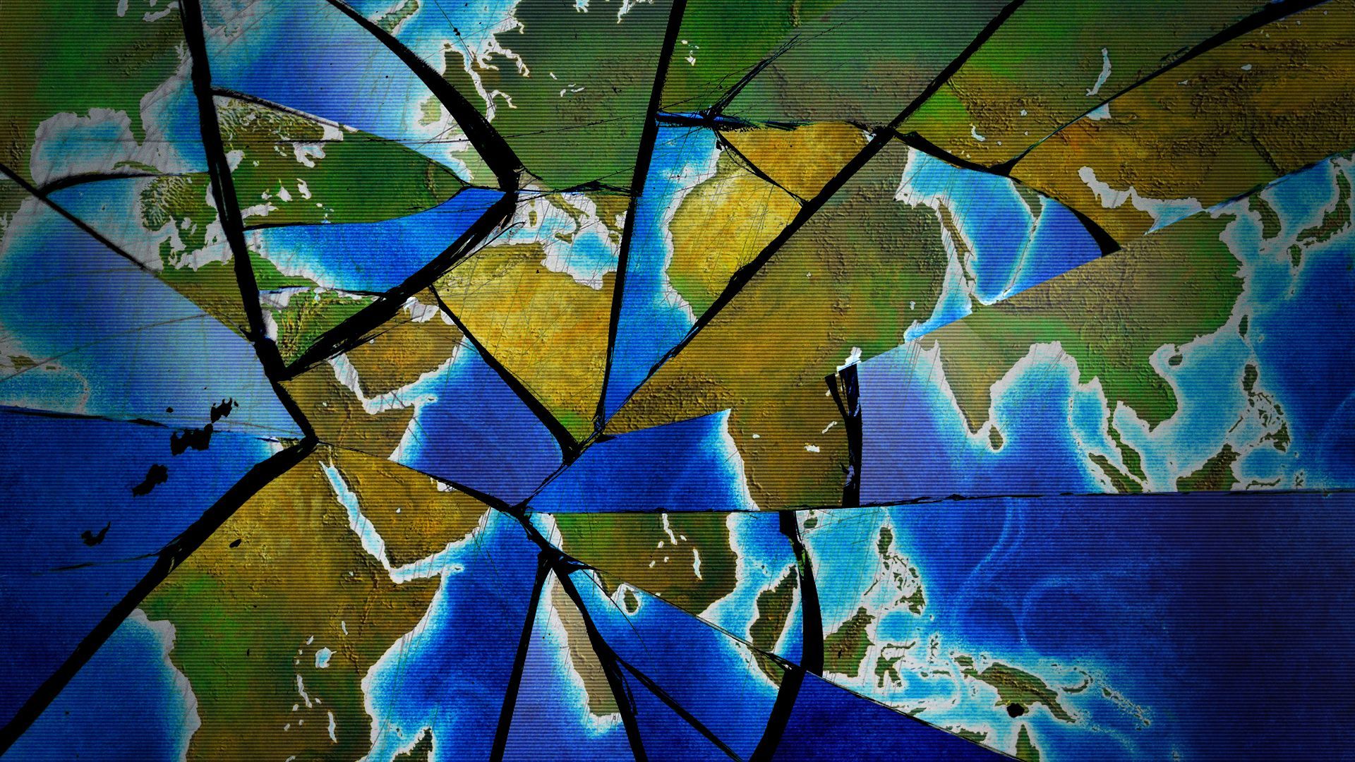 Illustration of a shattered map of the world.
