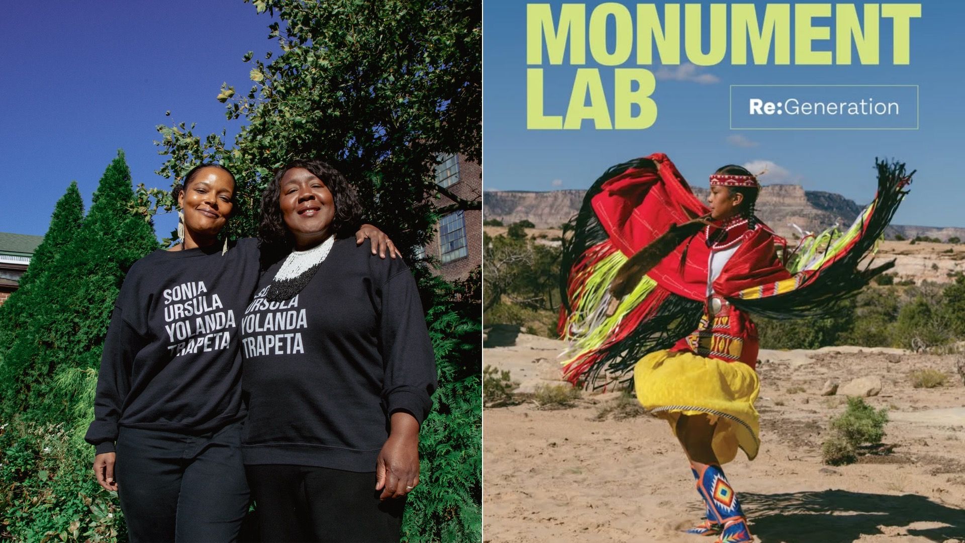 Left to right: Philly poets Yolanda Wisher and Trapeta Mayson embracing each other; front cover of Monument Lab's "Re:Generation."