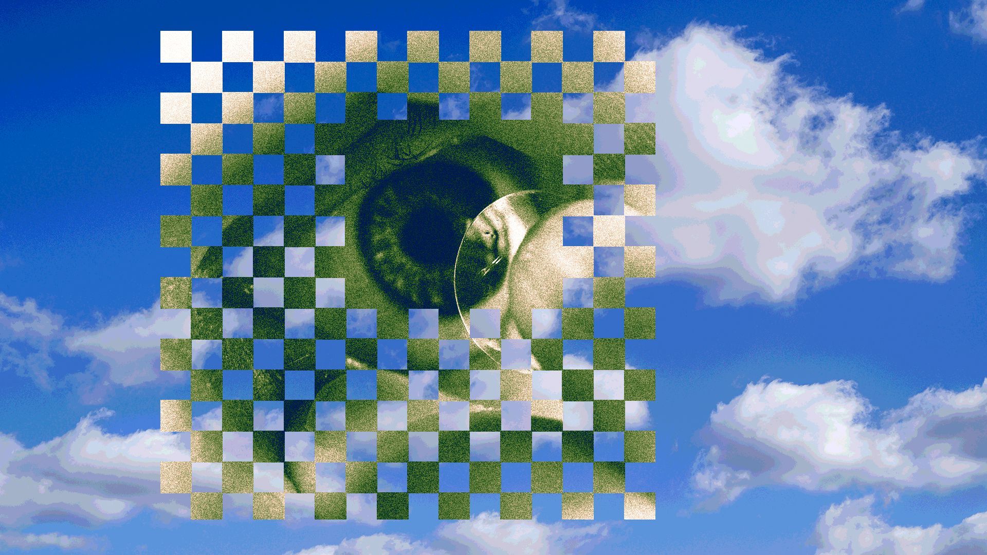 Illustration of a close up of a fragmented photo of hand placing a contact lens into an eye, laid over an image of clouds in the sky
