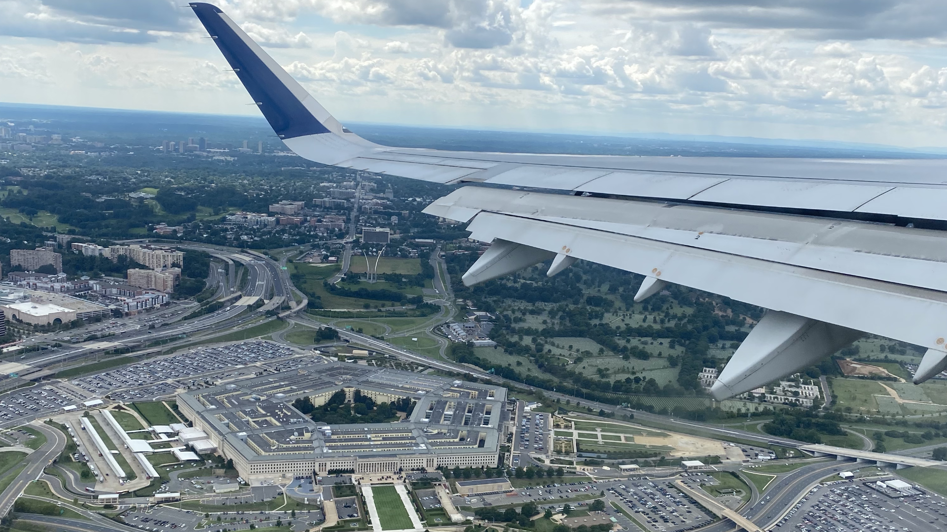 An aerial view of the Pentagon from an airplane.