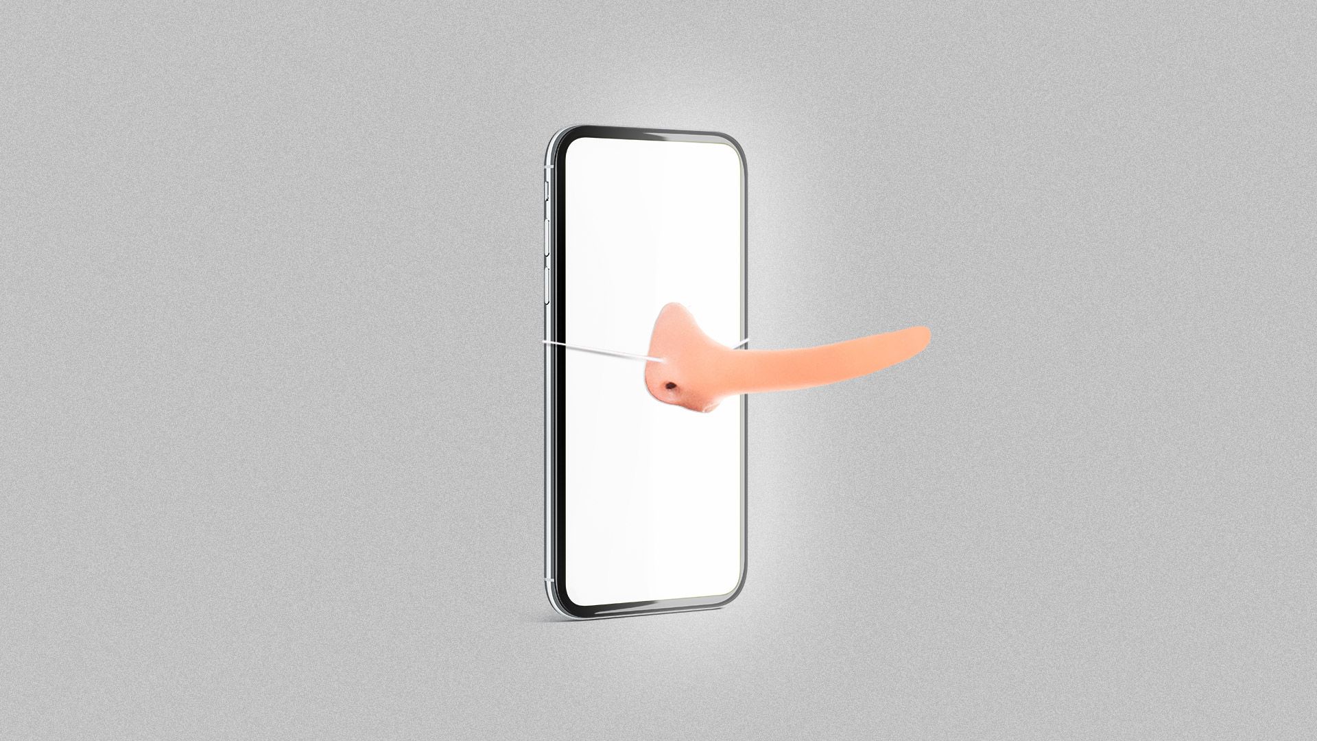 Illustration of a smart phone with a long fake nose tied to the front. 