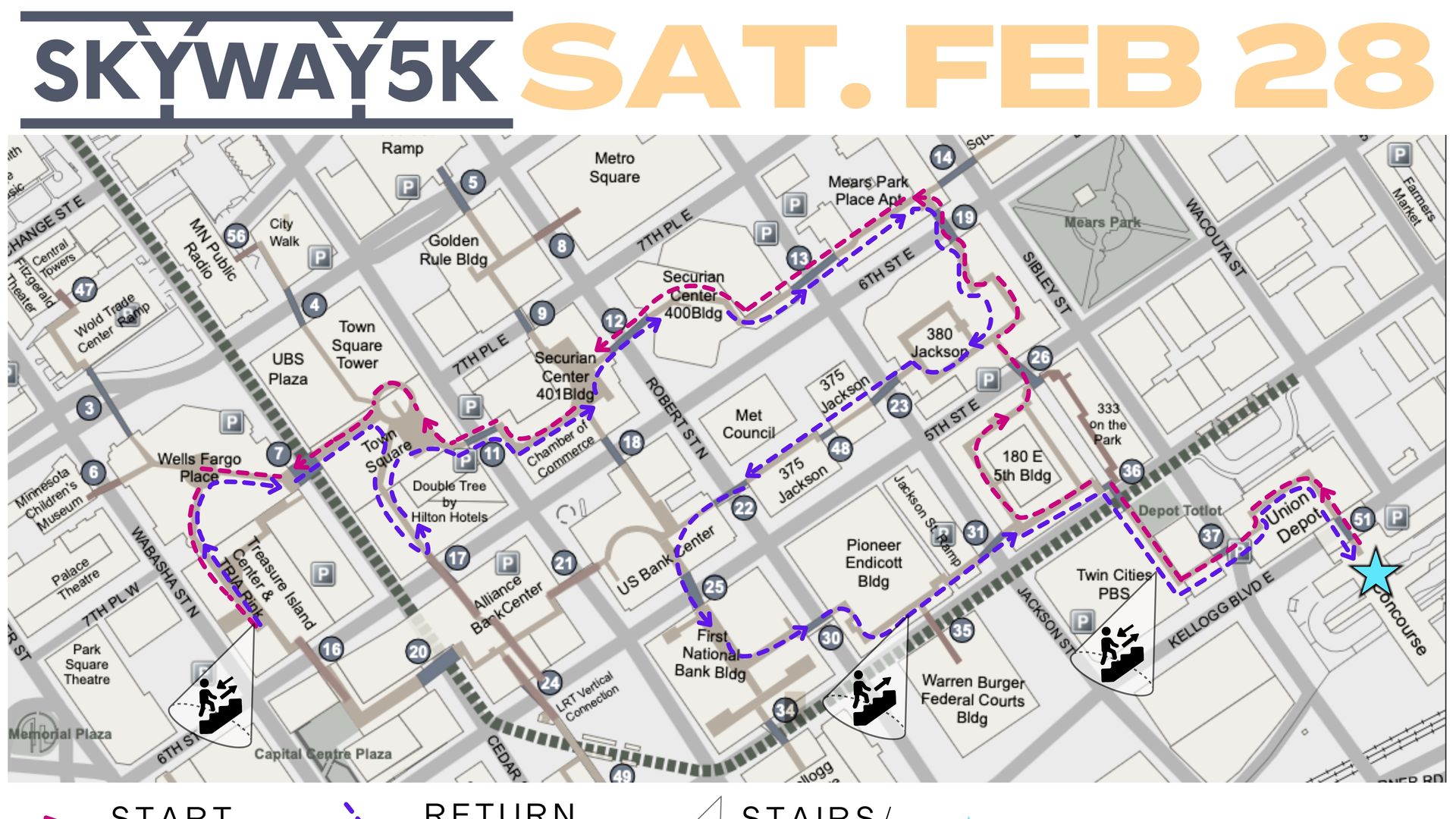 Map of Skyway 5K route on Saturday, Feb 28, showing start and return directions with arrows, stairs/ADA icons, and Union Depot marked with a blue star in downtown area.