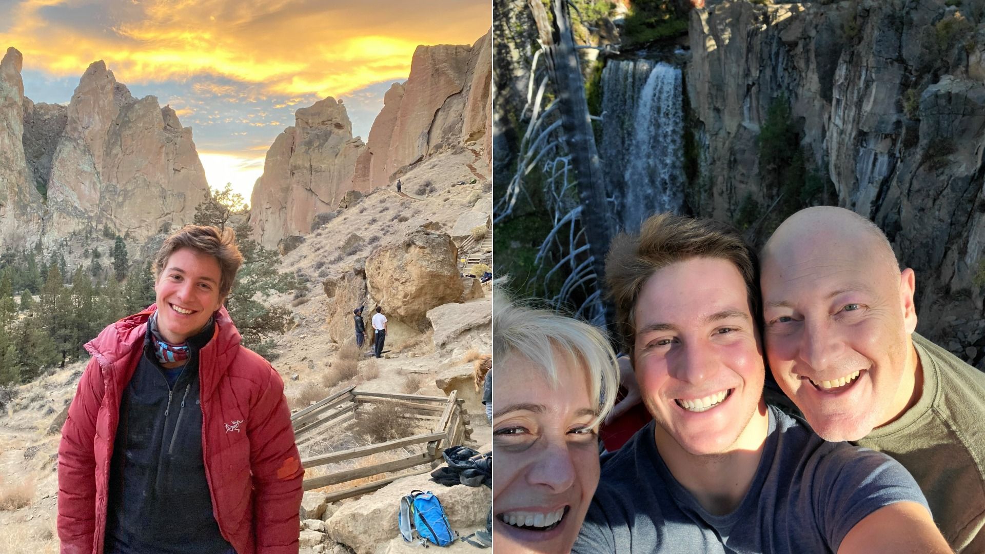 Left: a smiling man in a red jacket stands among rocky canyon formations at sunset. Right: three friends take a close selfie in front of a waterfall and rugged cliff.