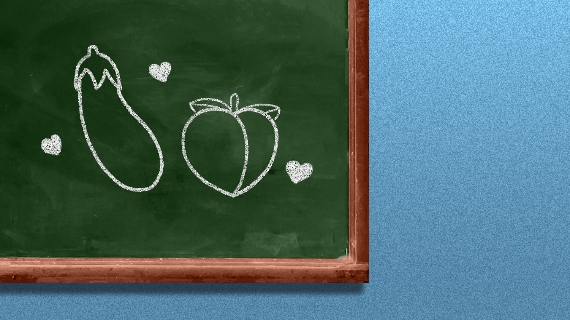 Illustration of an eggplant and peach drawn on a chalkboard.
