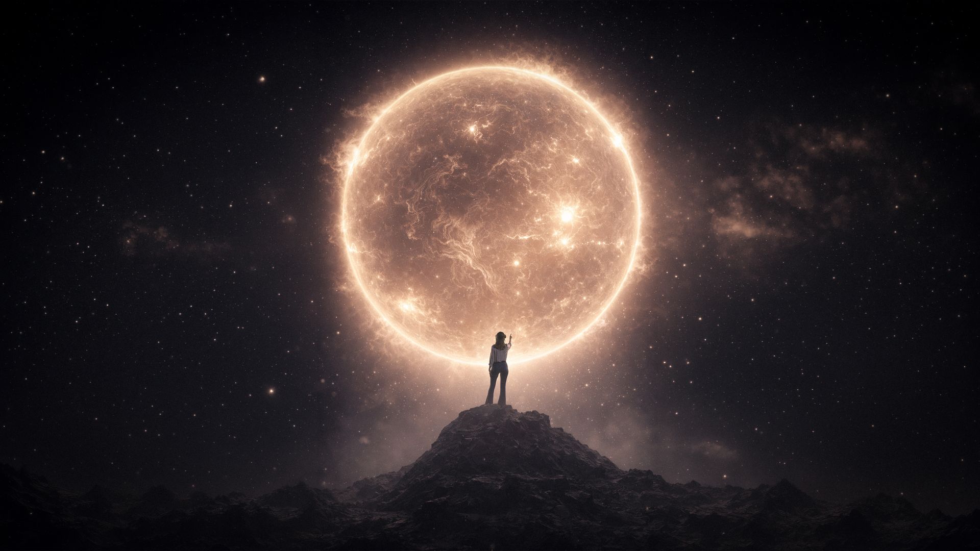 Silhouette of a person standing on a rocky outcrop, gazing up at a colossal glowing sun-like planet in space with a star-filled dark sky behind.