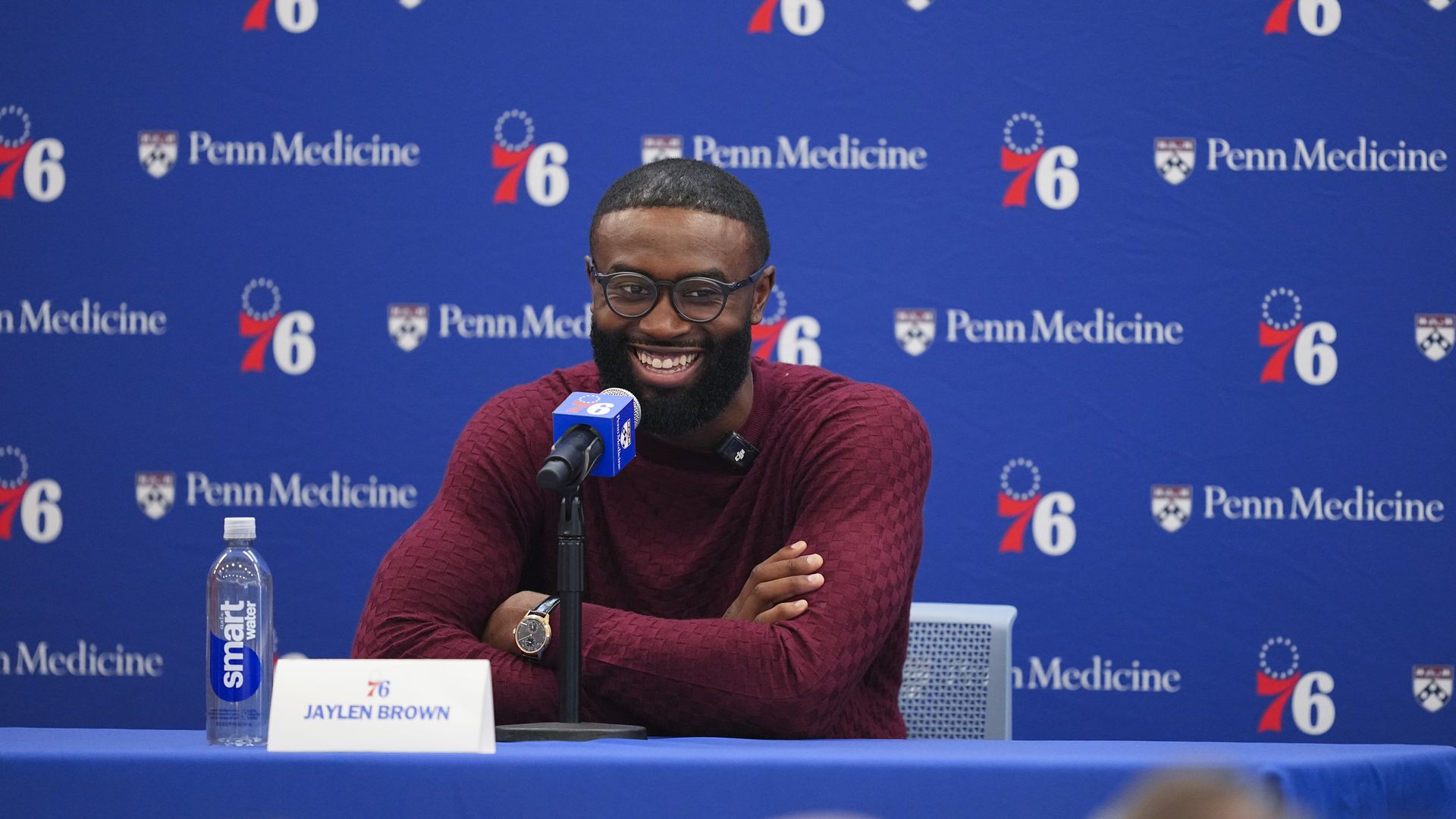 Jaylen Brown smiling while talking to the Philly media.