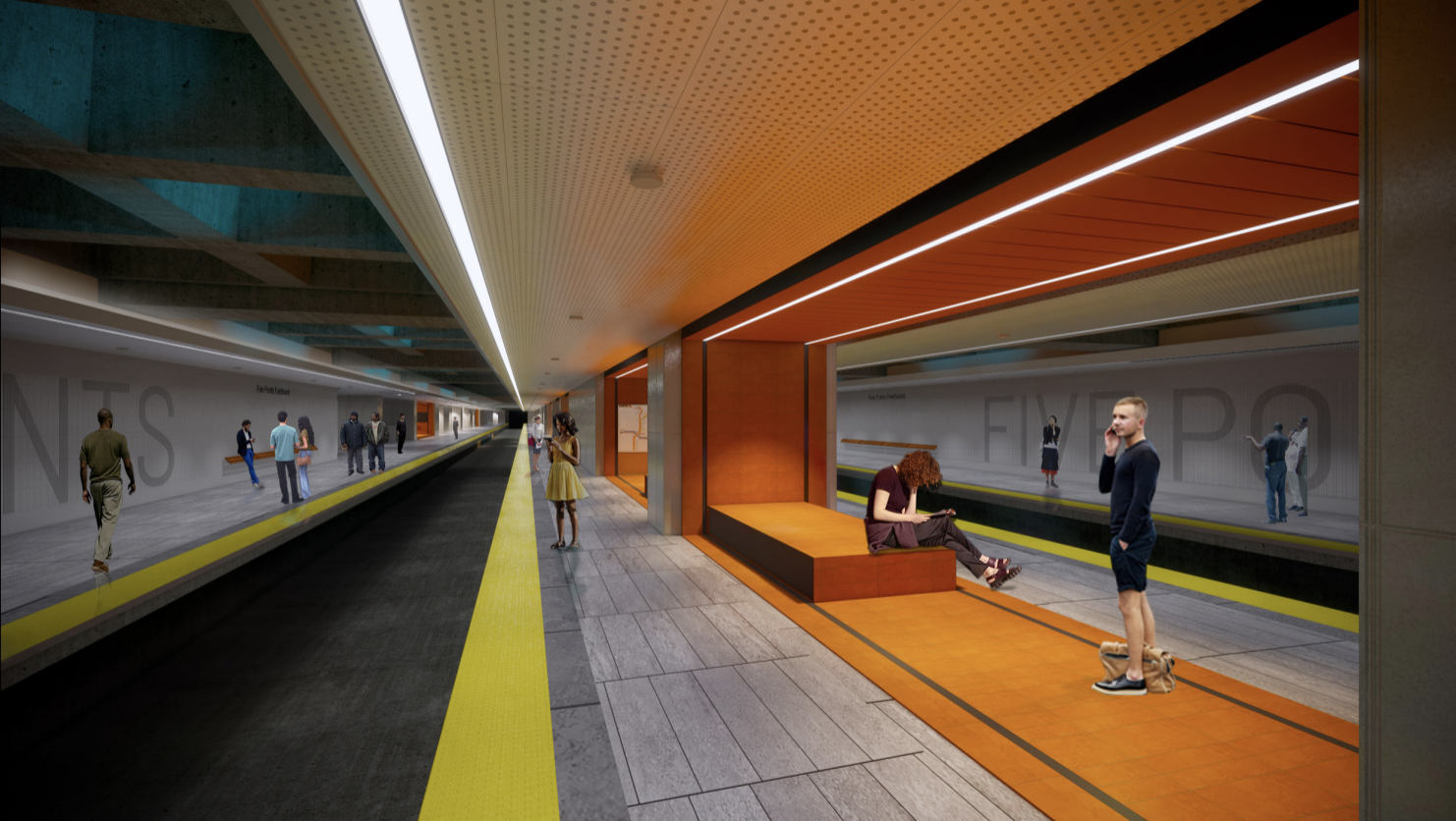 A rendering of a refurbished MARTA station with orange light installations and passengers