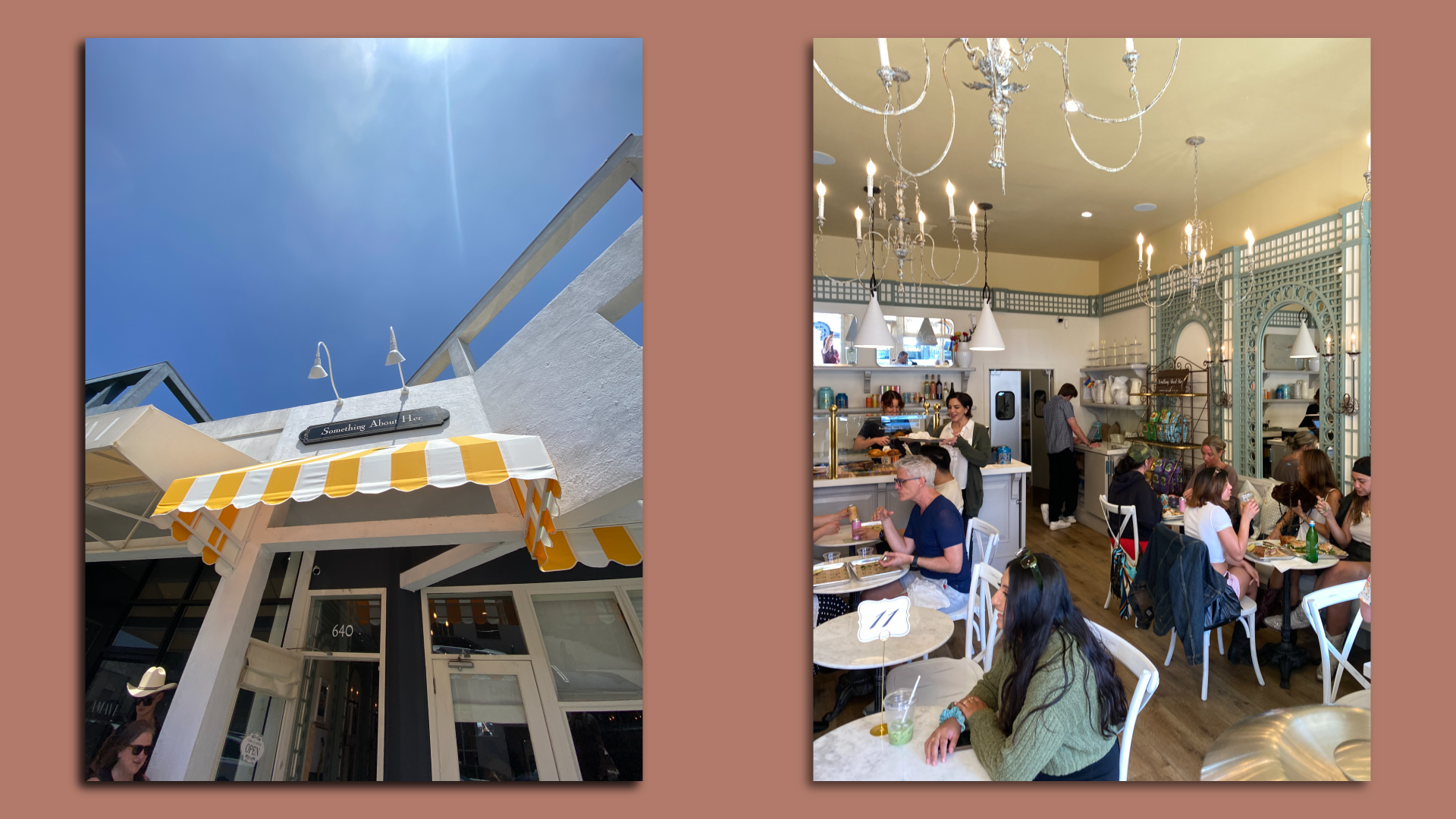 Images of the exterior (left) and interior (right) of the Something About Her sandwich shop in West Hollywood