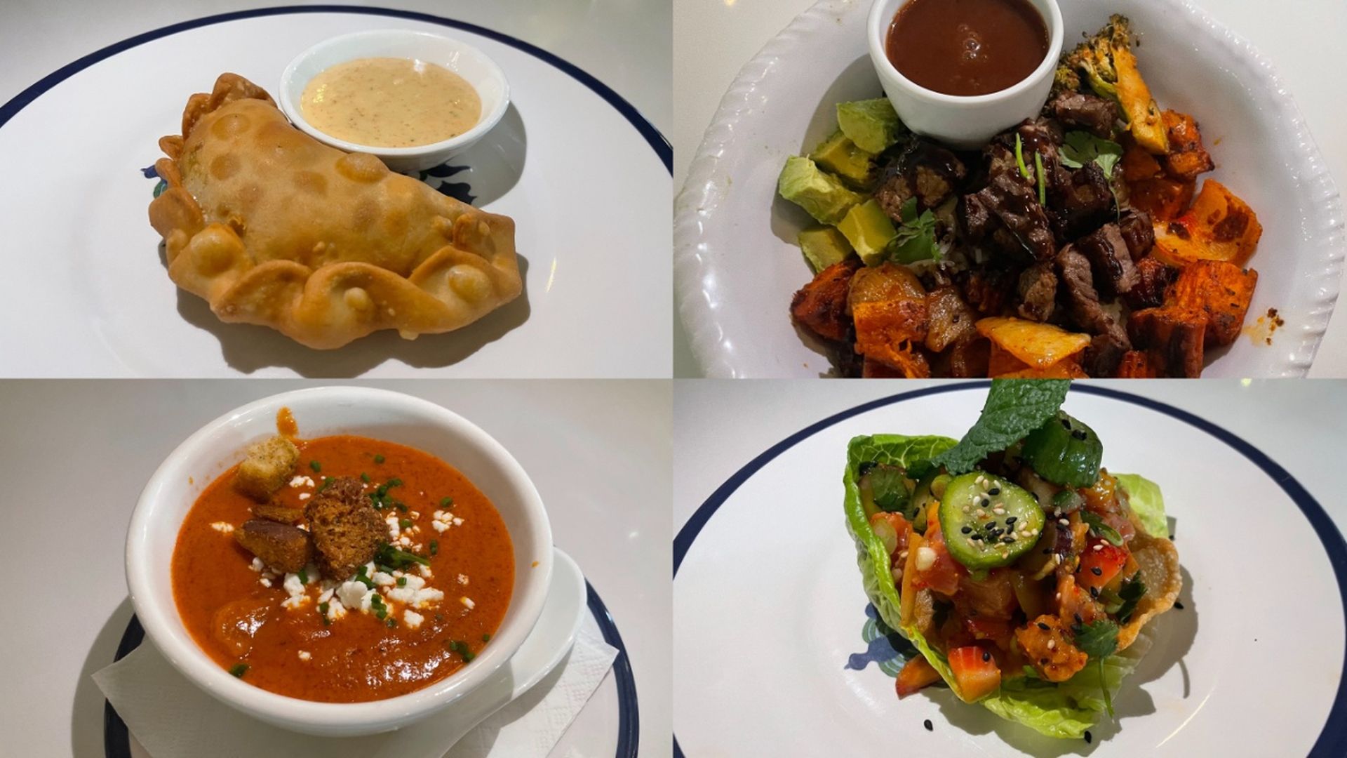 Plate's tomato soup, duck empanada, crispy salmon and steak bowl. 