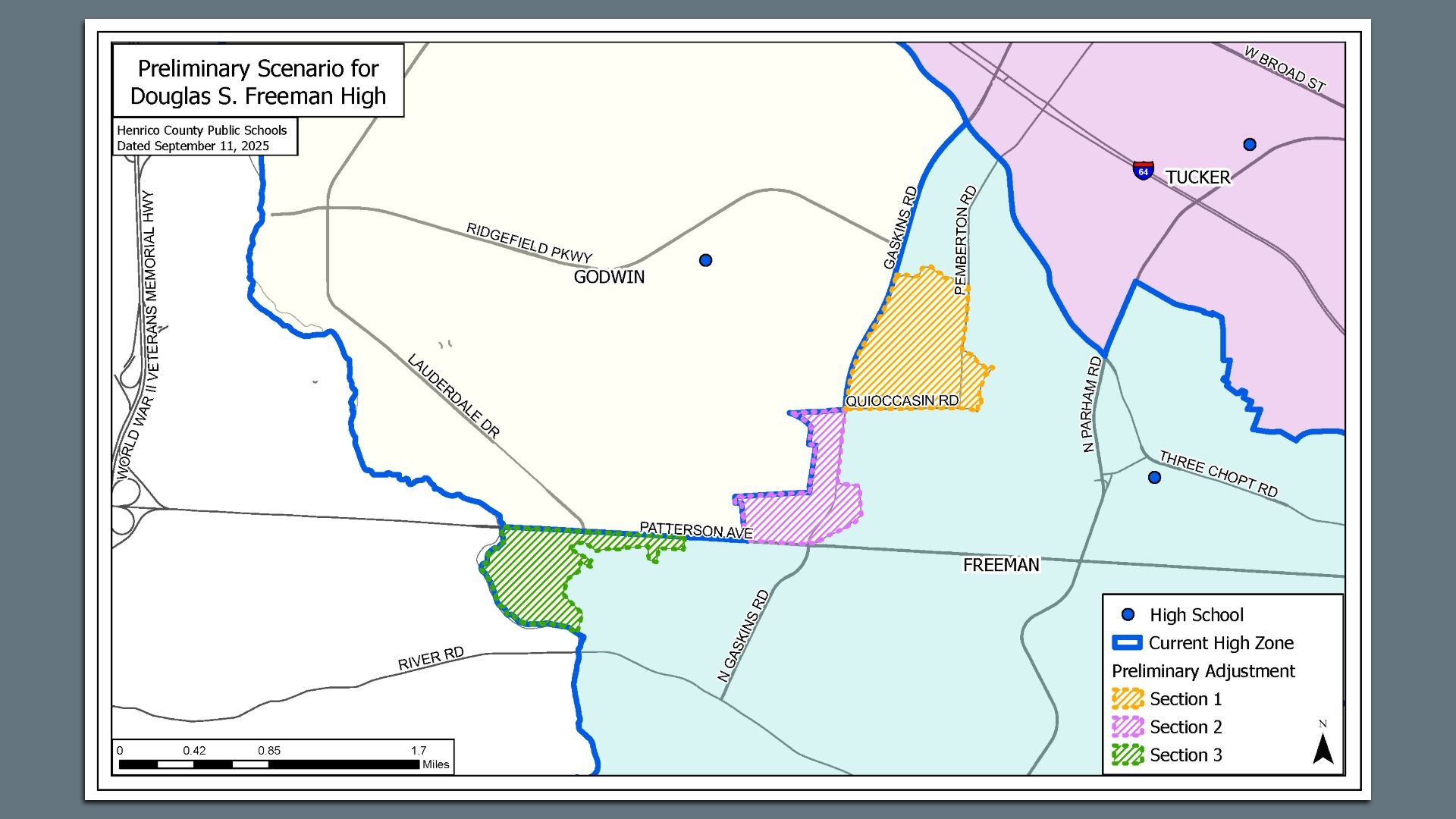 A map of proposed changes for Freeman high school. it has 3 slivers of areas moving