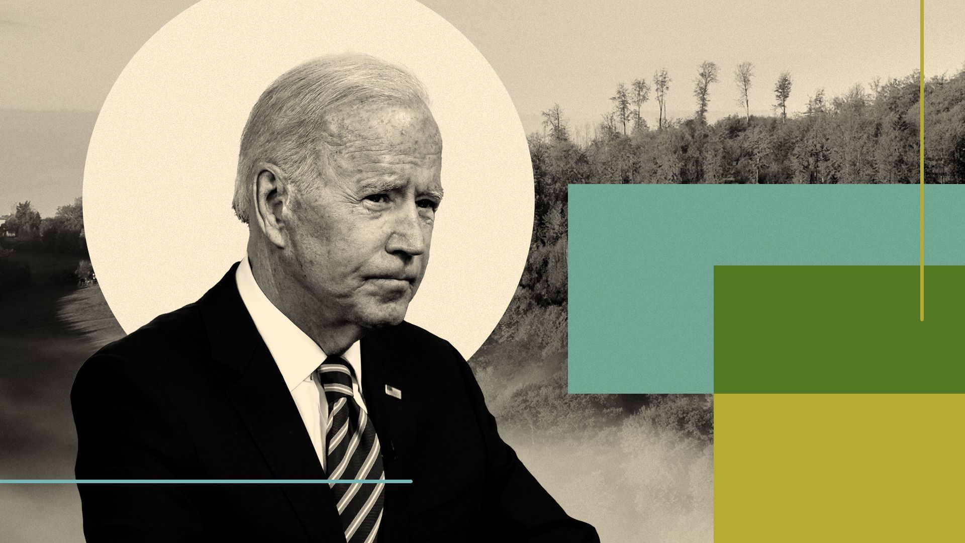 Photo illustration of President Biden surrounded by various shapes and a forest in the background