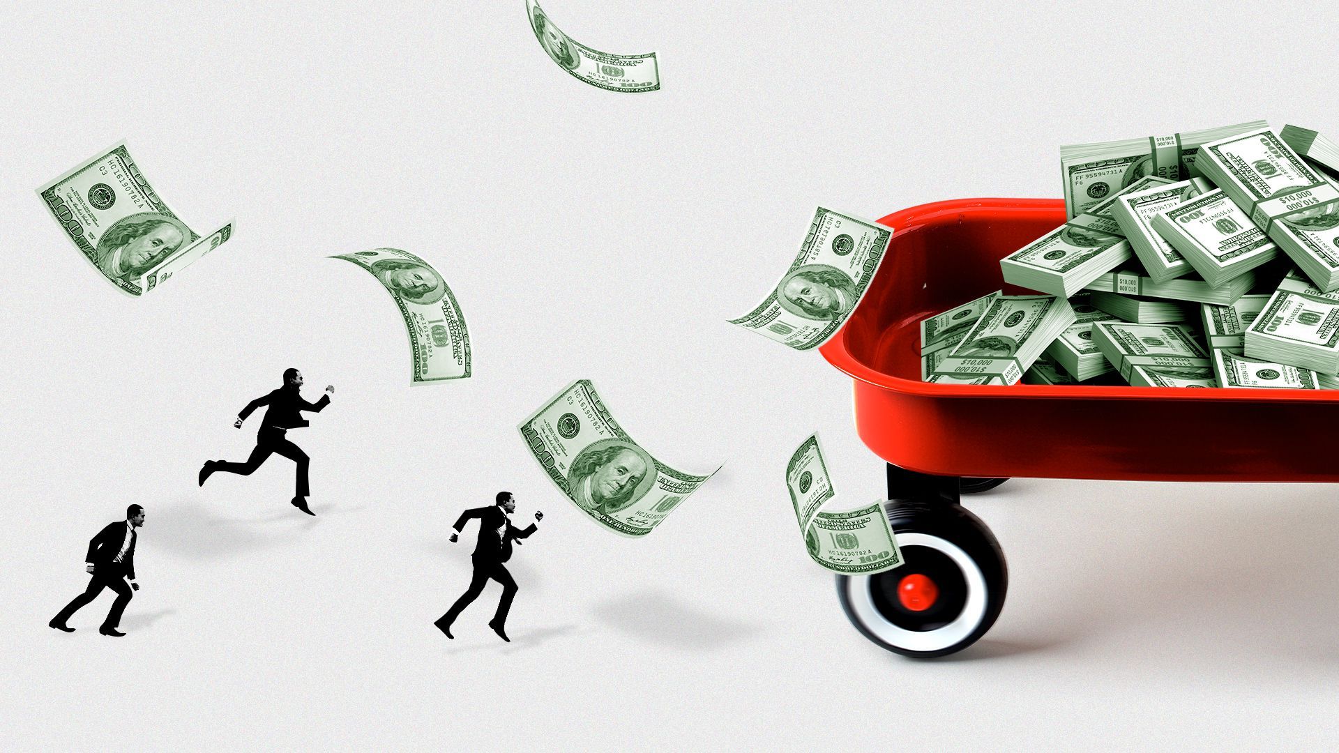 Illustration of businessmen chasing after a wagon full of money.