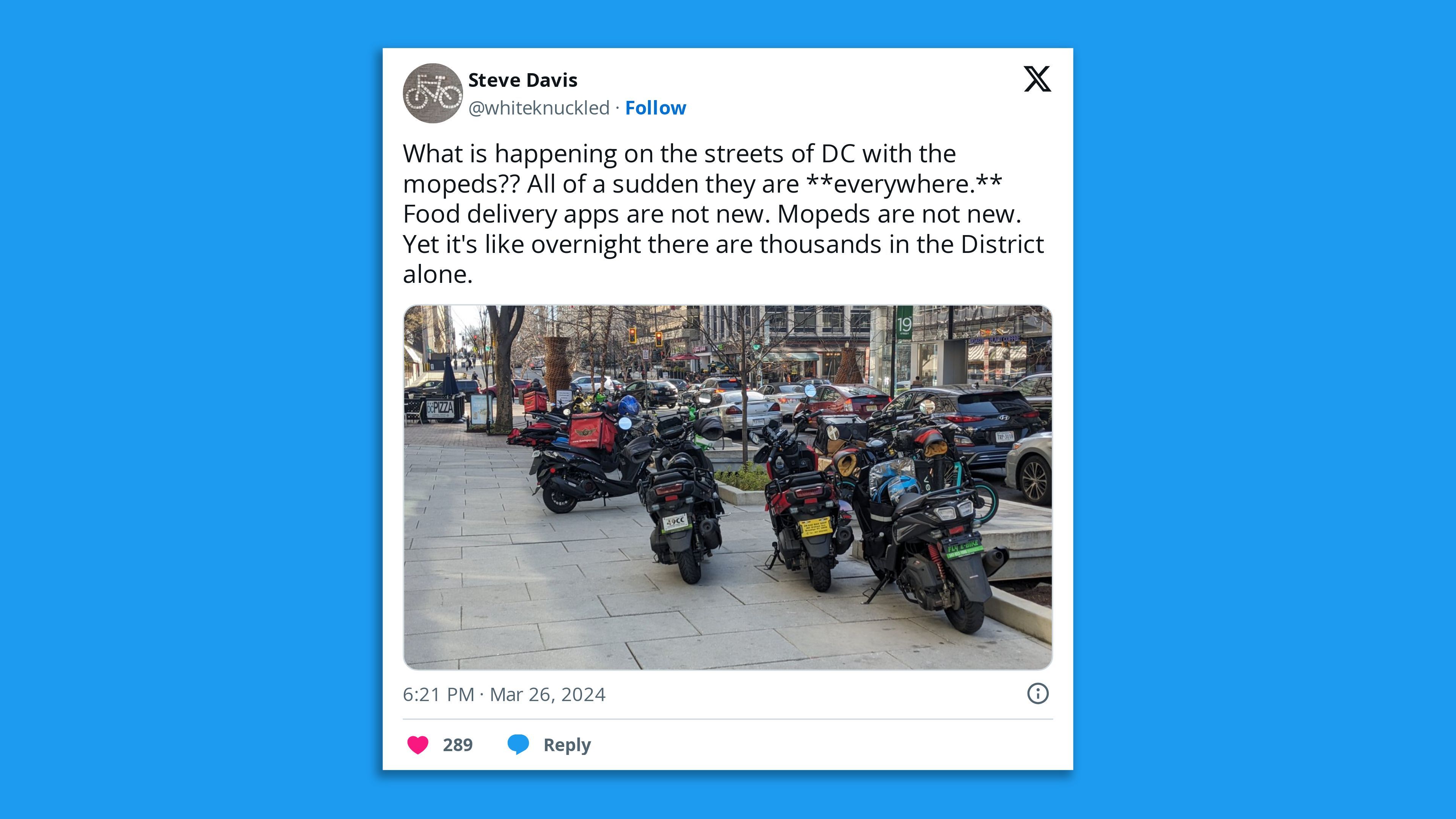 An X post of mopeds lined up on a sidewalk