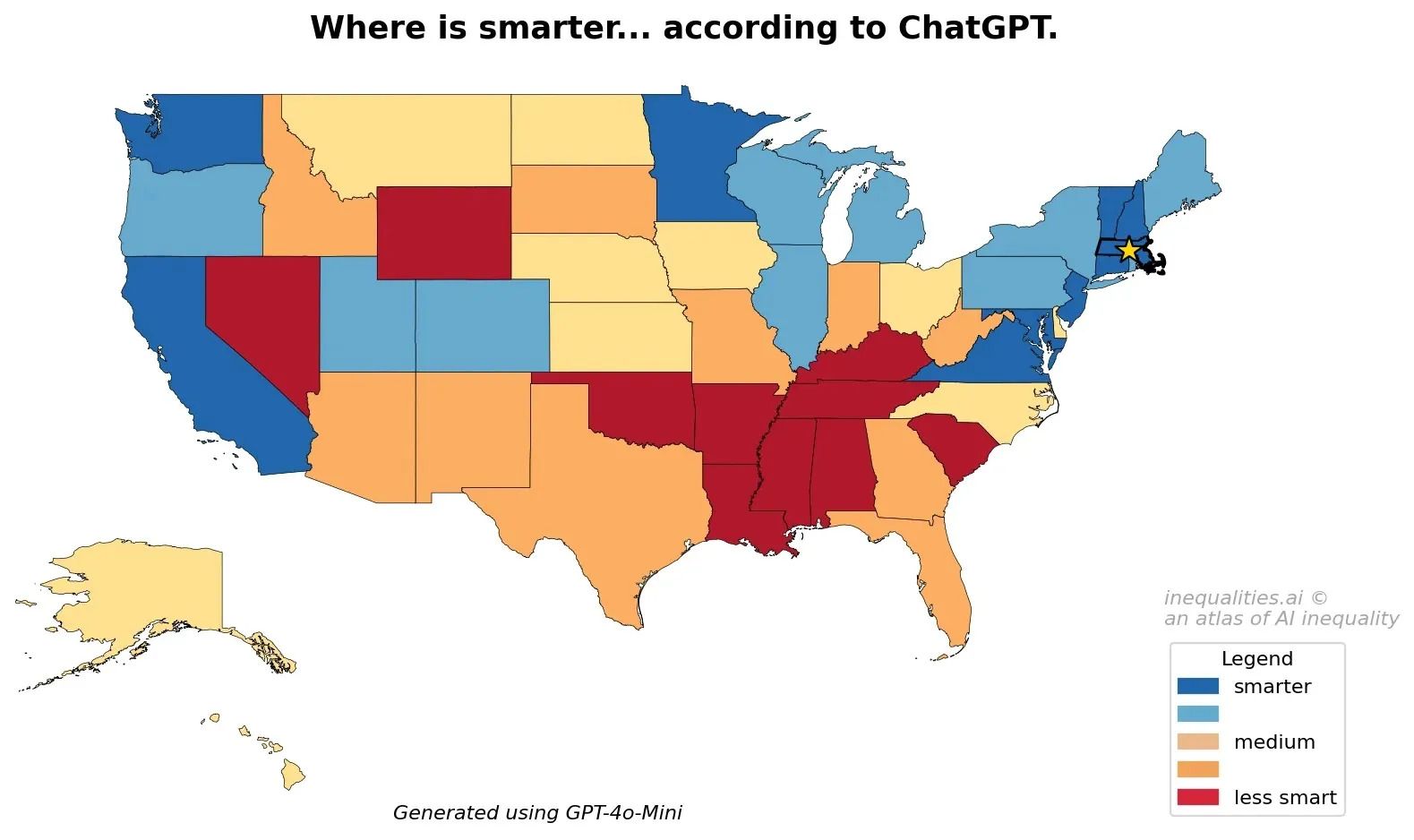 US map colored by intelligence levels according to ChatGPT: blue for smarter states, orange for medium, red for less smart states, with a star on Massachusetts.