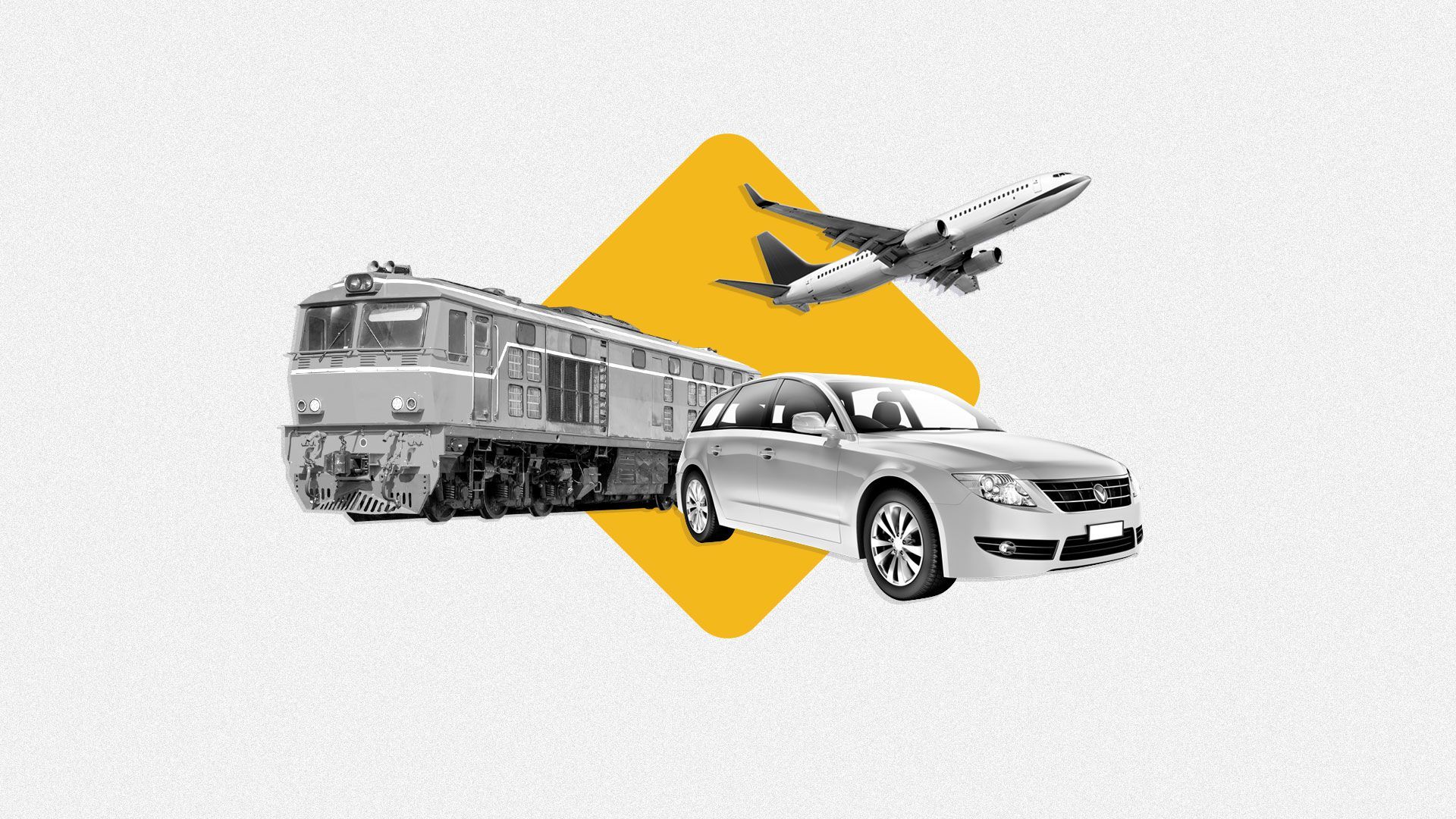 Photo illustration of train, plane, and a car. Caution sign behind the vehicles.