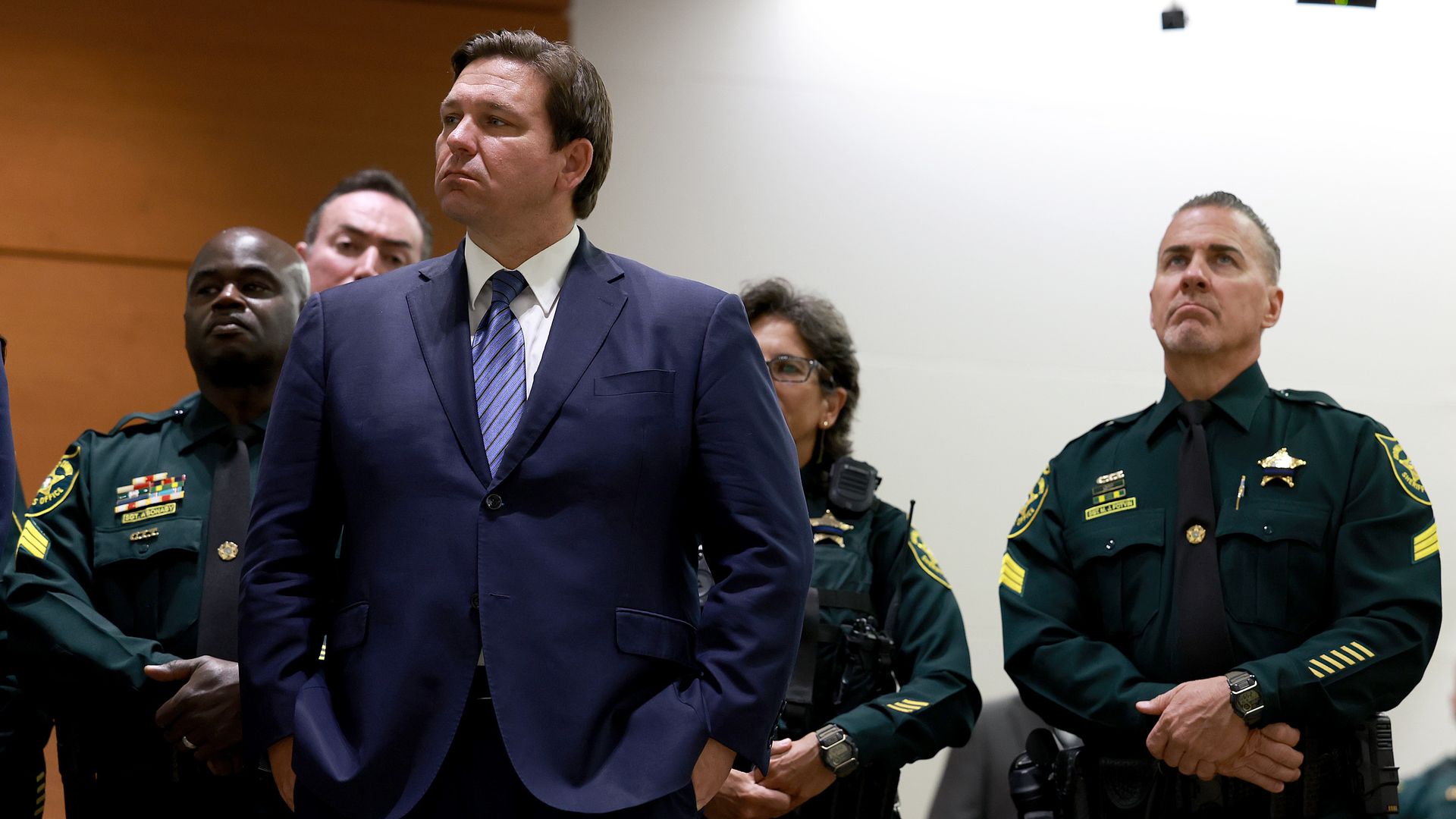 Florida Gov. Ron DeSantis waits to speak during a press conference.