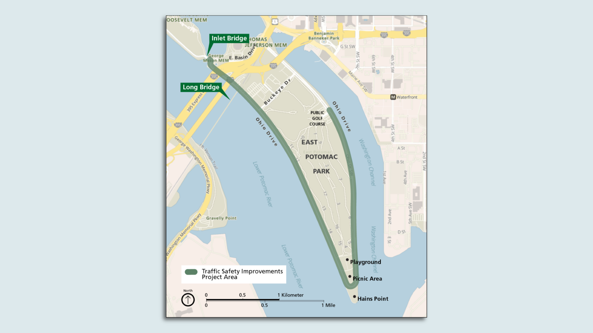 A map of East Potomac Park highlighting the 2.5-mile roadway on its perimeter that will be redesigned to add a new bicycle and pedestrian lane.