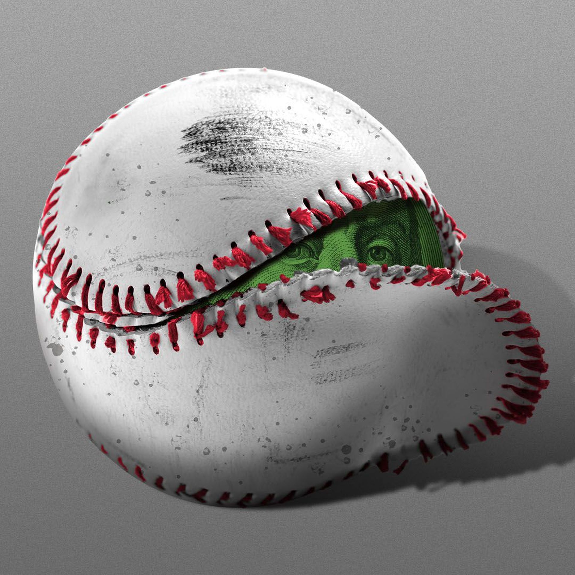 Illustration of a baseball with the stitching coming apart revealing a dollar bill inside