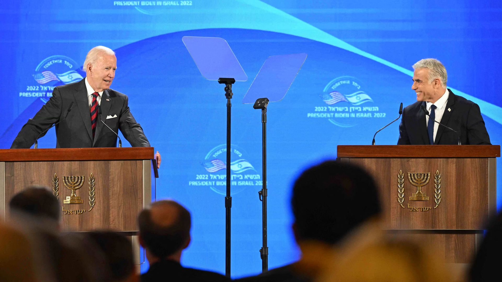 US President Joe Biden (L) and Israel's caretaker Prime Minister Yair Lapid, give a joint press conference in Jerusalem, on July 14.