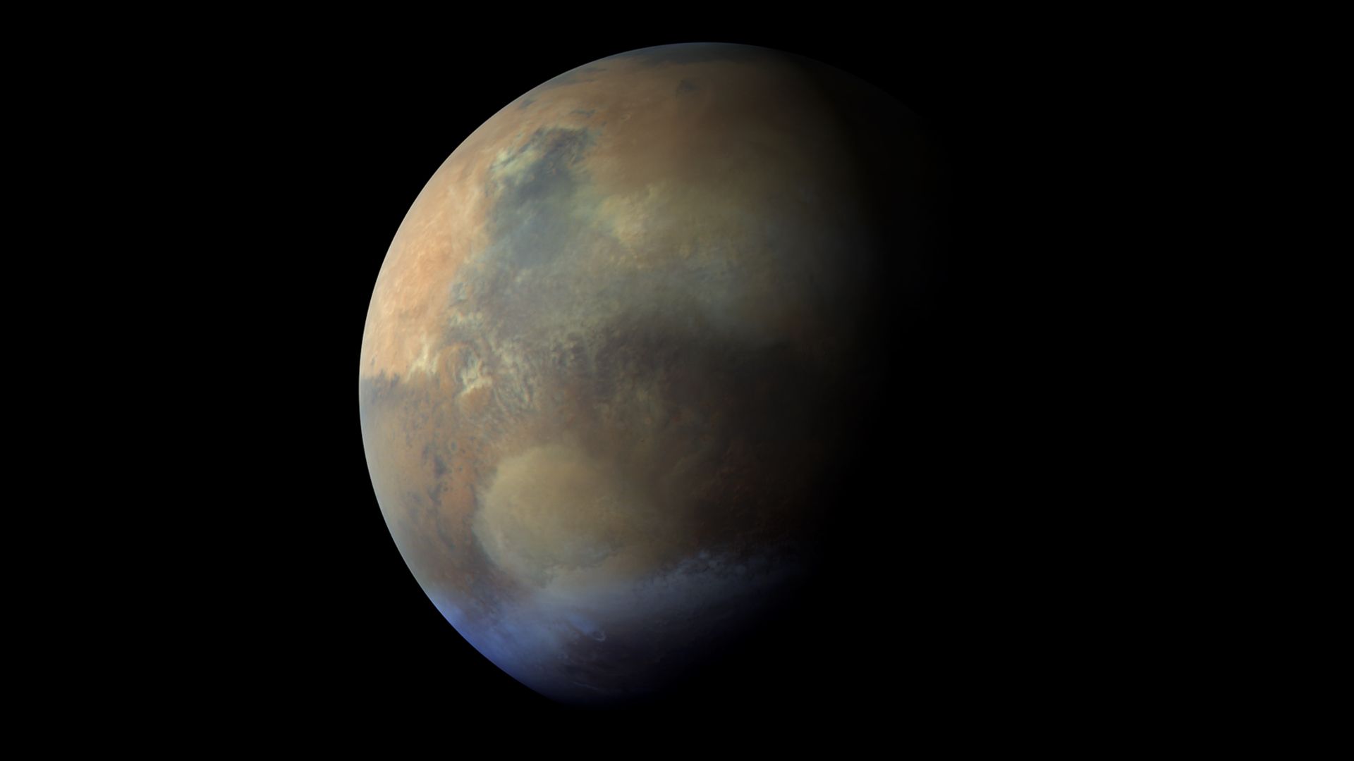 A color composite of images of Mars collected at three visible and two ultraviolet wavelengths – providing a 