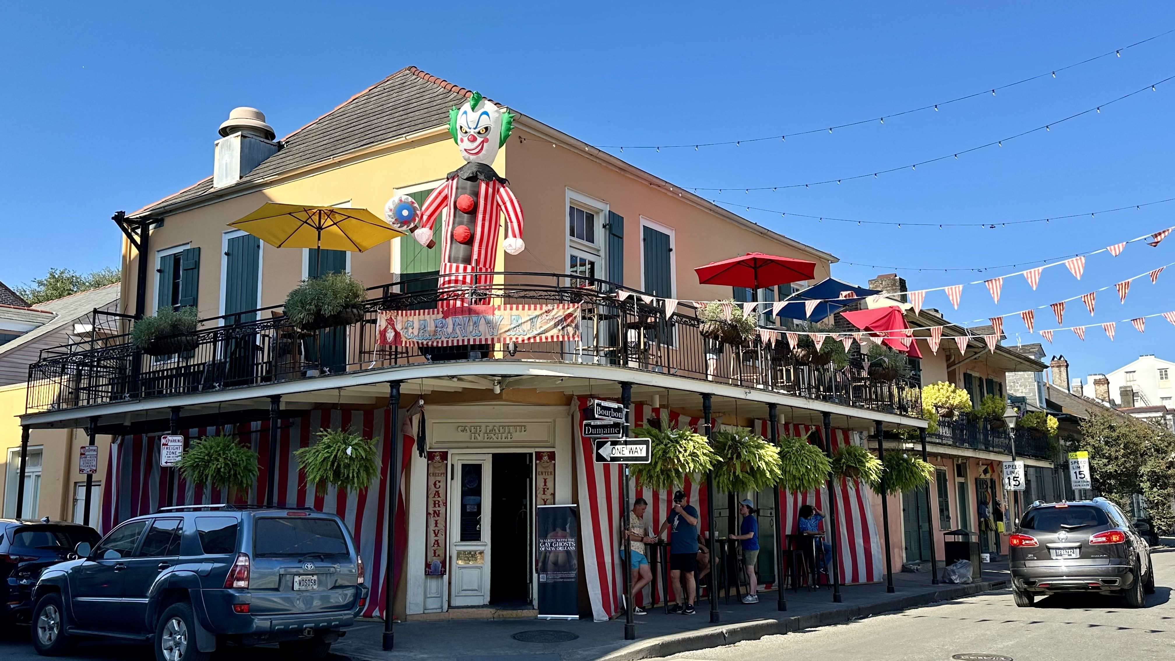 Photo shows a French Quarter bar decorated for Halloween.