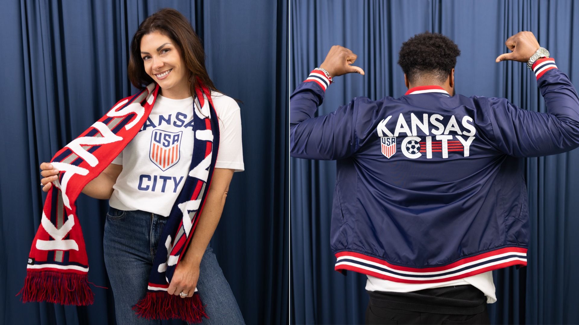 Split image: left shows a smiling woman in a white USA City T-shirt with a red, white, and blue scarf; right shows a man with his back to the camera in a navy Kansas City jacket, USA crest visible, arms raised.