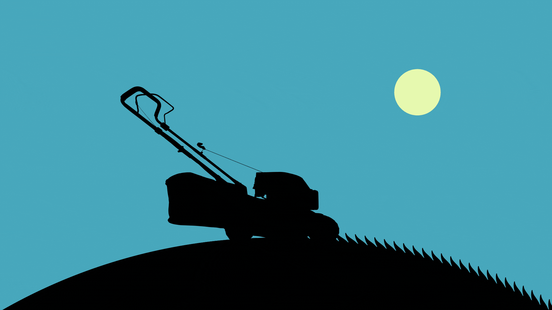 Illustration of a lawnmower cutting grass as the day turns to night and back.