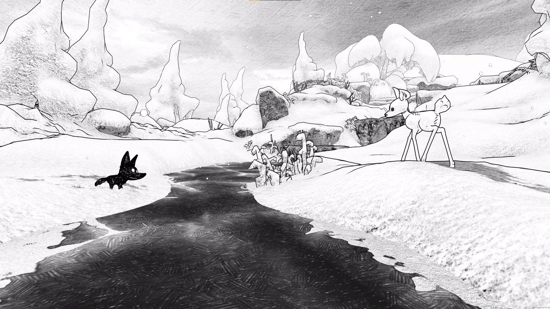 Video game screenshot showing a wolf and dog meeting at a river