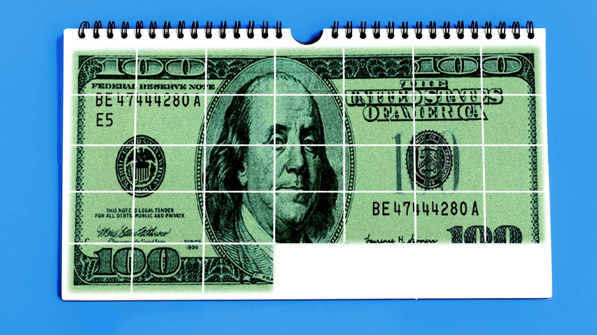 Illustration of a one hundred dollar bill on a monthly calendar