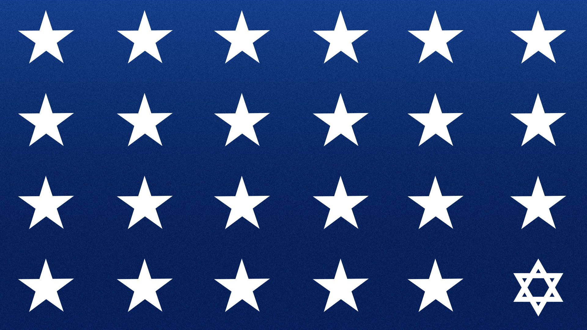  Illustration of a series of white stars on a blue background, with the one in the bottom right being a star of David