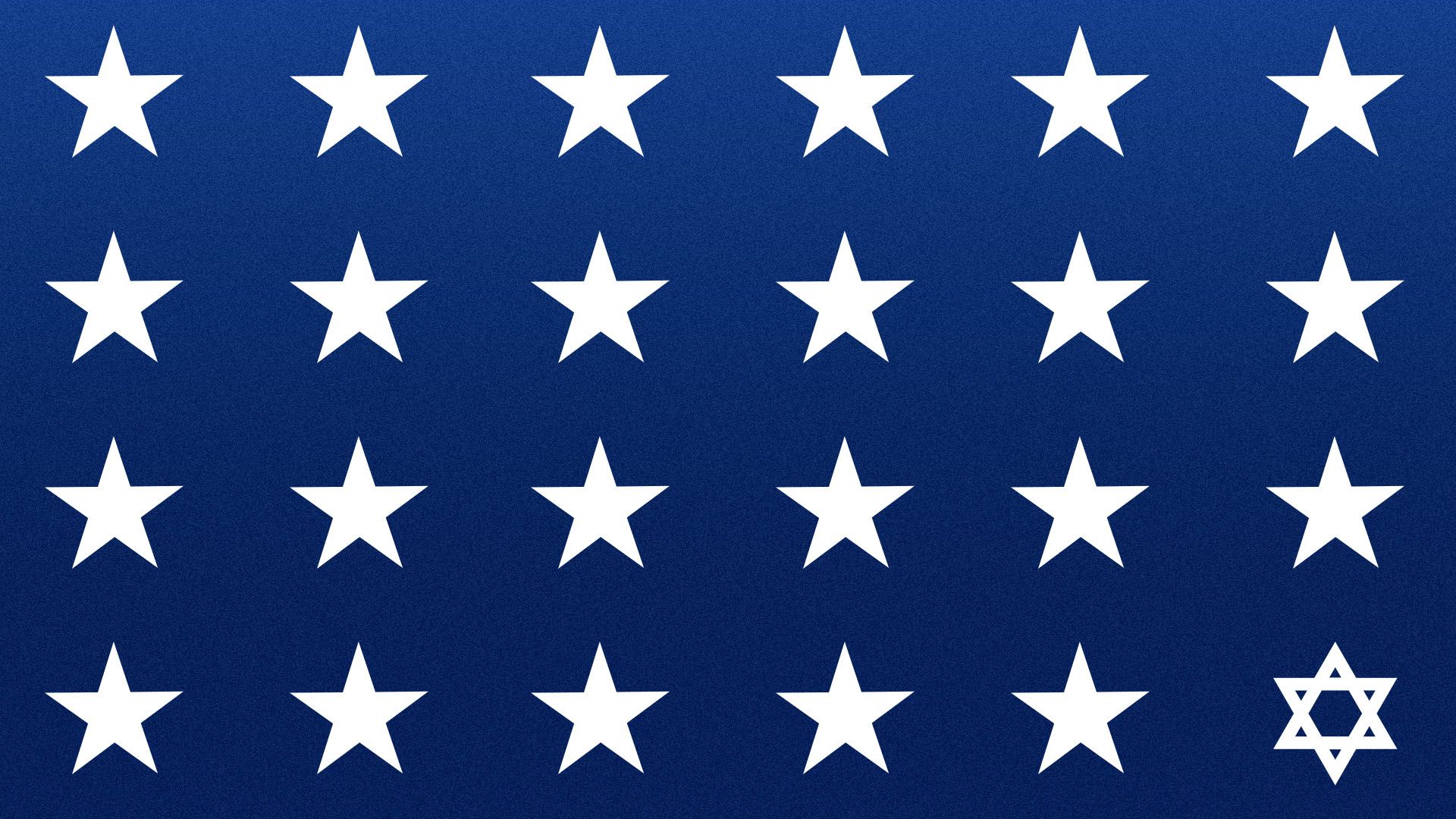  Illustration of a series of white stars on a blue background, with the one in the bottom right being a star of David