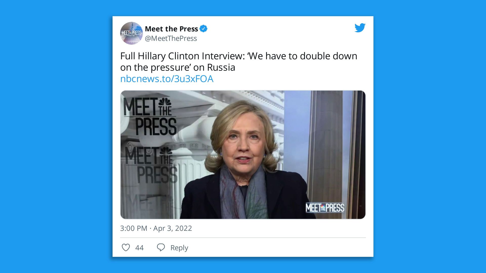 A screenshot shows former Secretary of State Hillary Rodham Clinton speaking on "Meet the Press."
