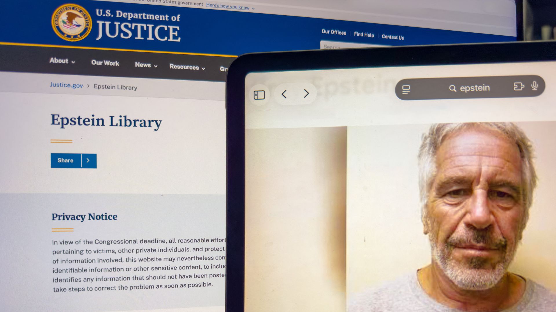 A headshot of Jeffrey Epstein seen on one screen with the Epstein Library next to it 