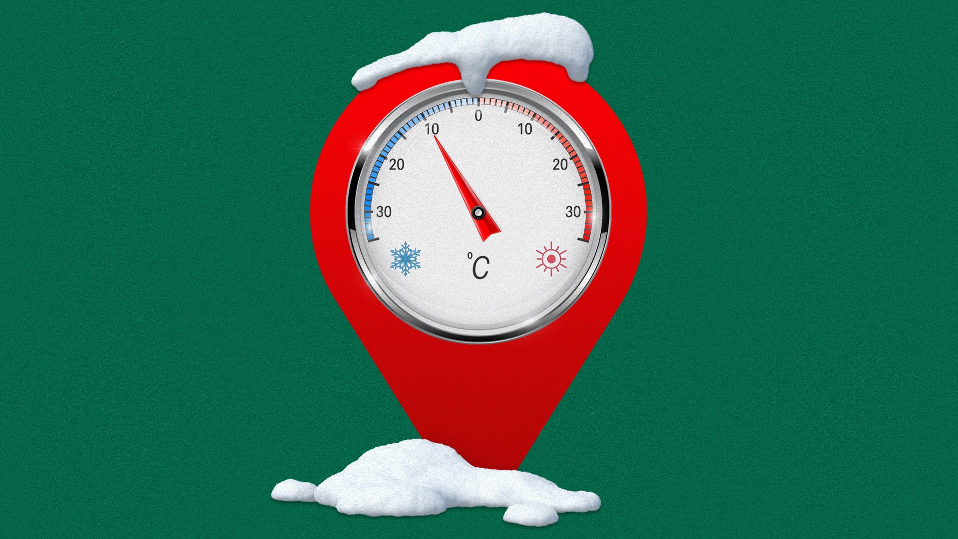 Illustration of a snow covered GPS pin with a thermometer pointing to 10 degrees