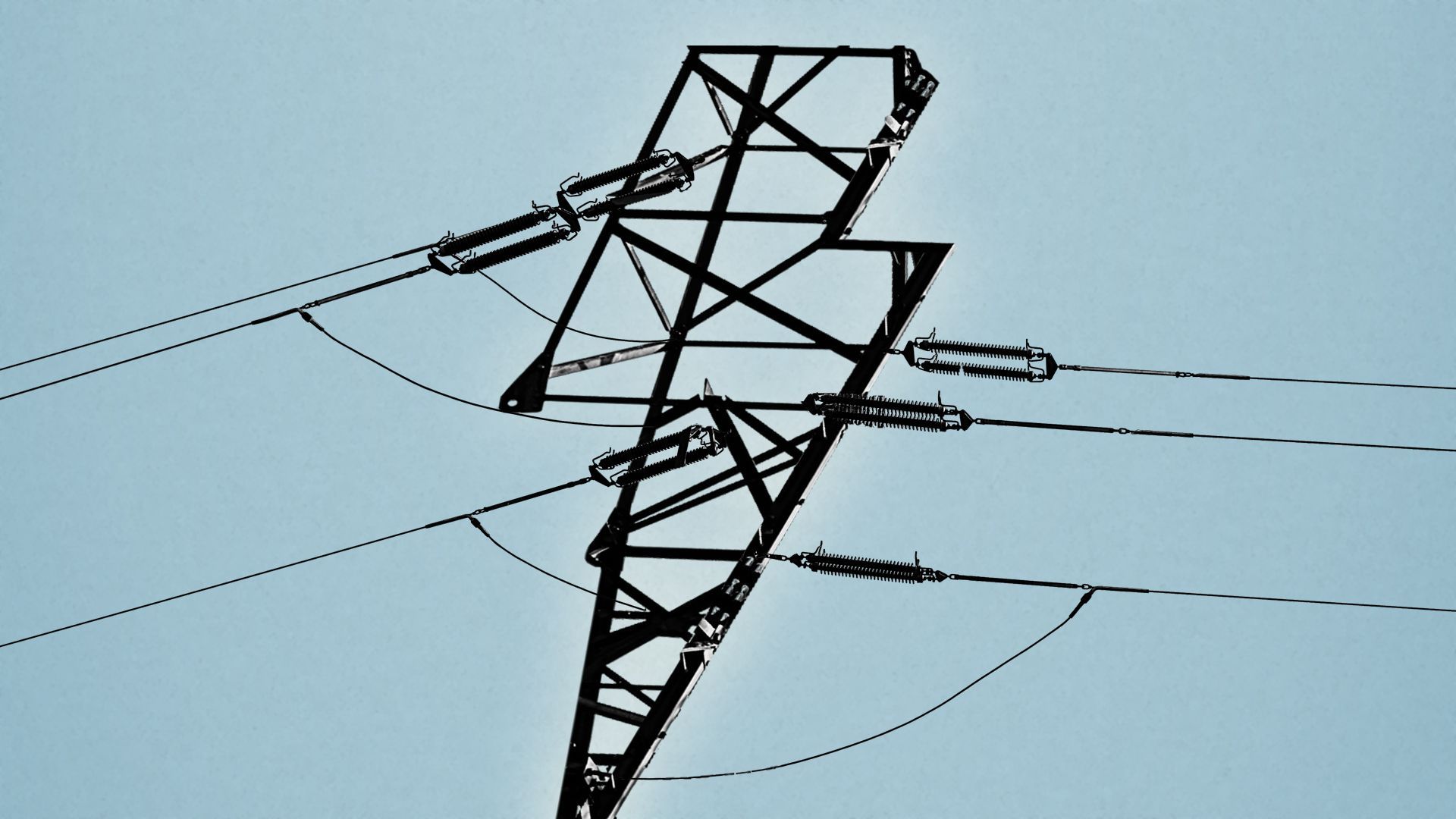 Illustration of an electrical power tower in the shape of a lightning bolt.