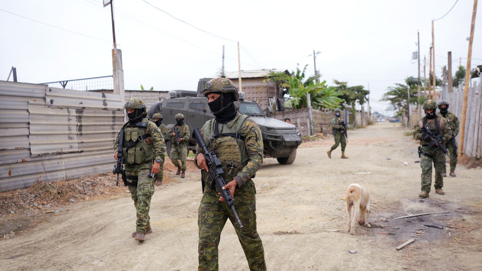 A soldier in full gear holds a long rifle and stands near other soldiers in Ecuador 