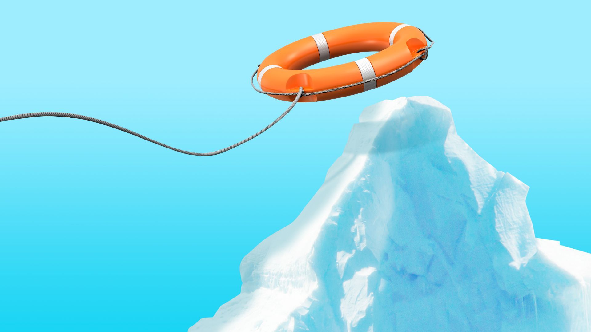 Illustration of a life preserver being thrown over the tip of an iceberg. 