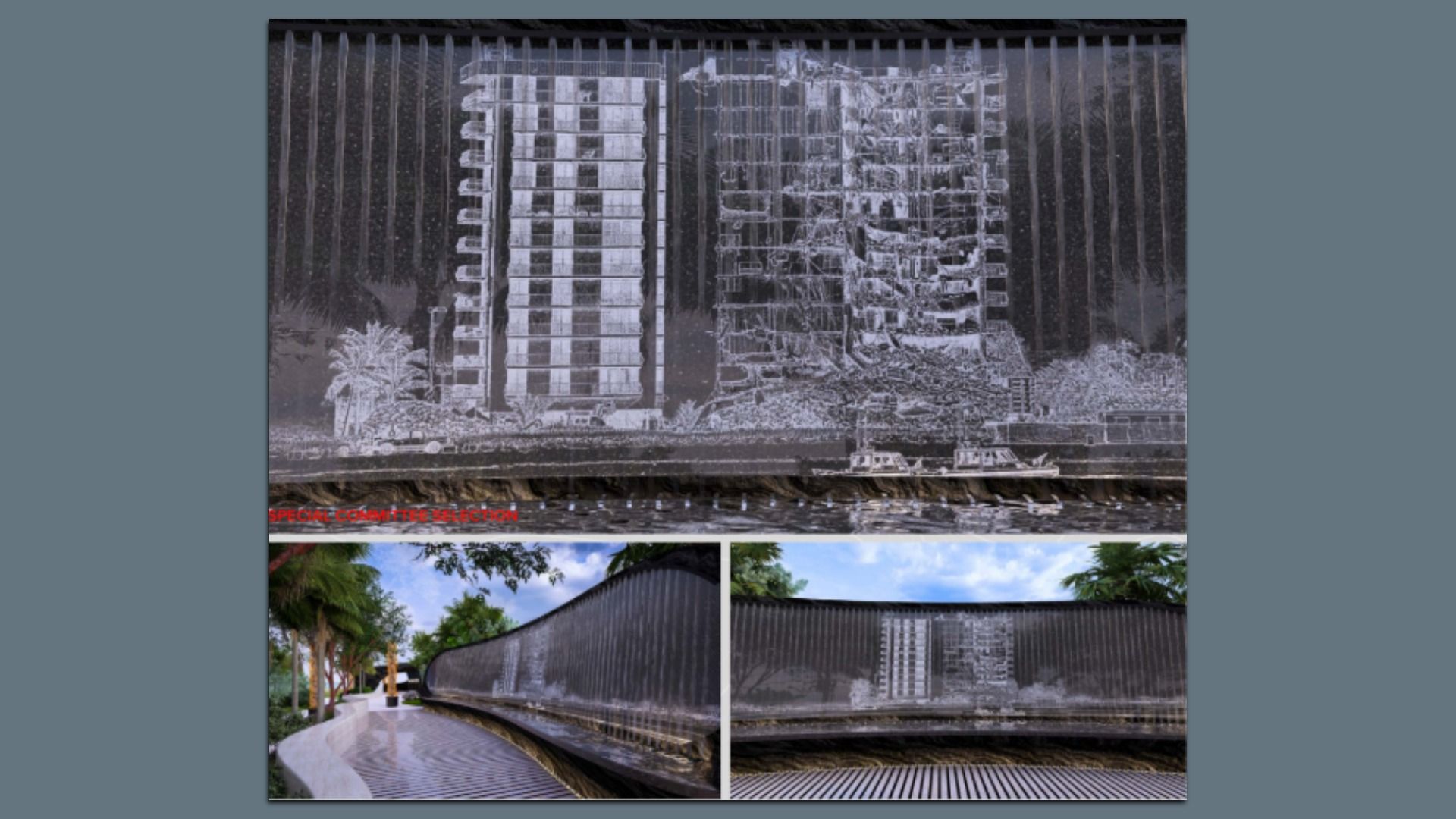 The original water feature design for the Surfside memorial showing the collapsed Champlain Towers South building. Rendering: Courtesy of Keith and Town of Surfside