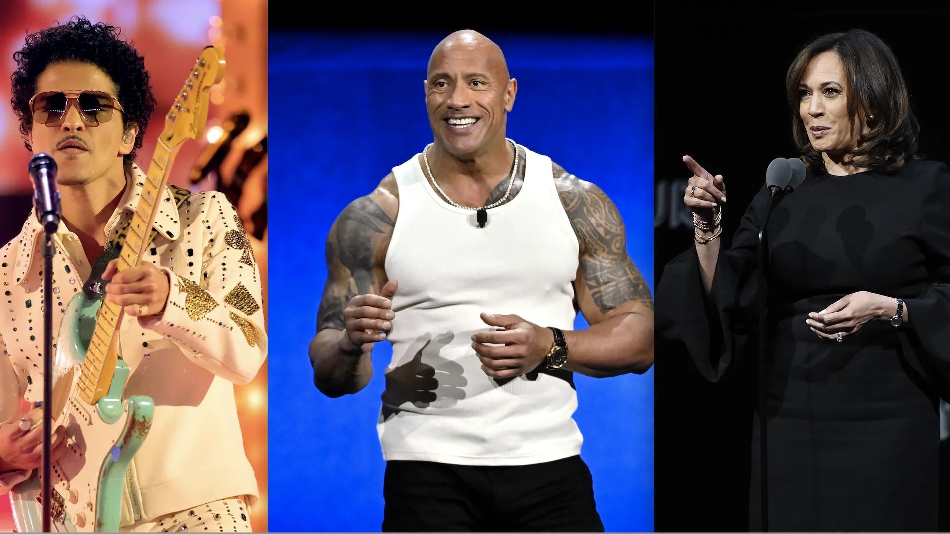 Bruno Mars, Dwayne "The Rock" Johnson and Kamala Harris