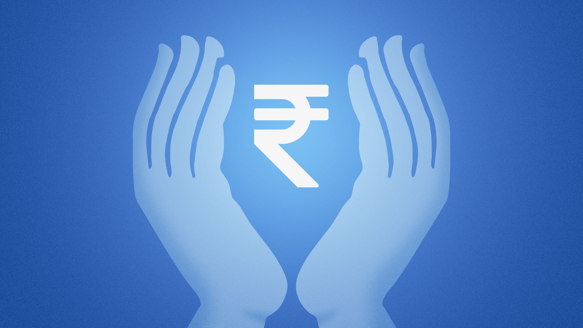 Illustration of the hands from the Life Insurance Co. of India logo with the center flame replaced with the rupee symbol.   