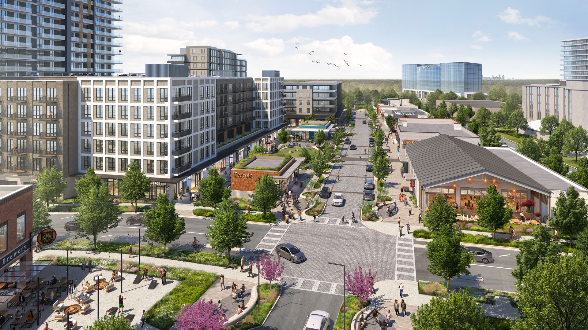 rendering of a street corner in Ballantyne which will now have green space and more buildings and shops