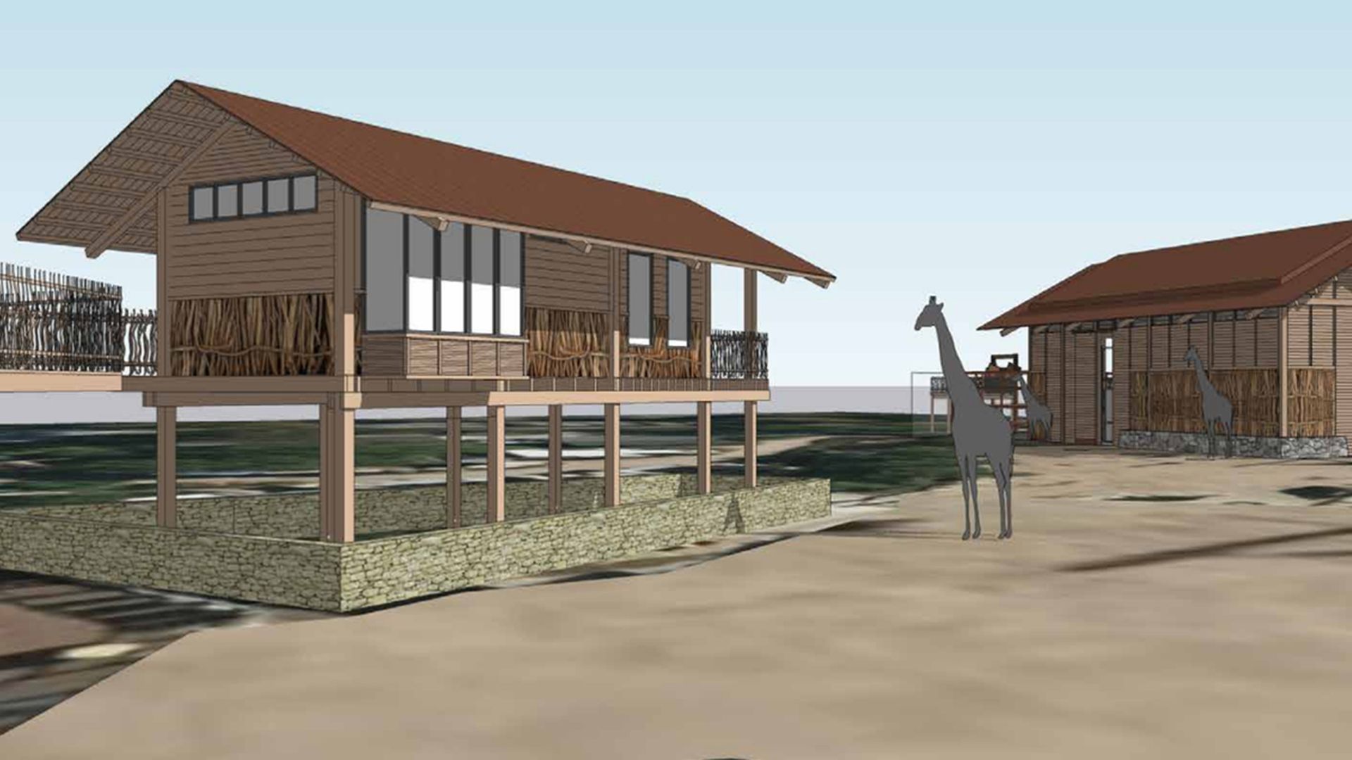 A rendering shows a cabin on stilts with a giraffe nearby.