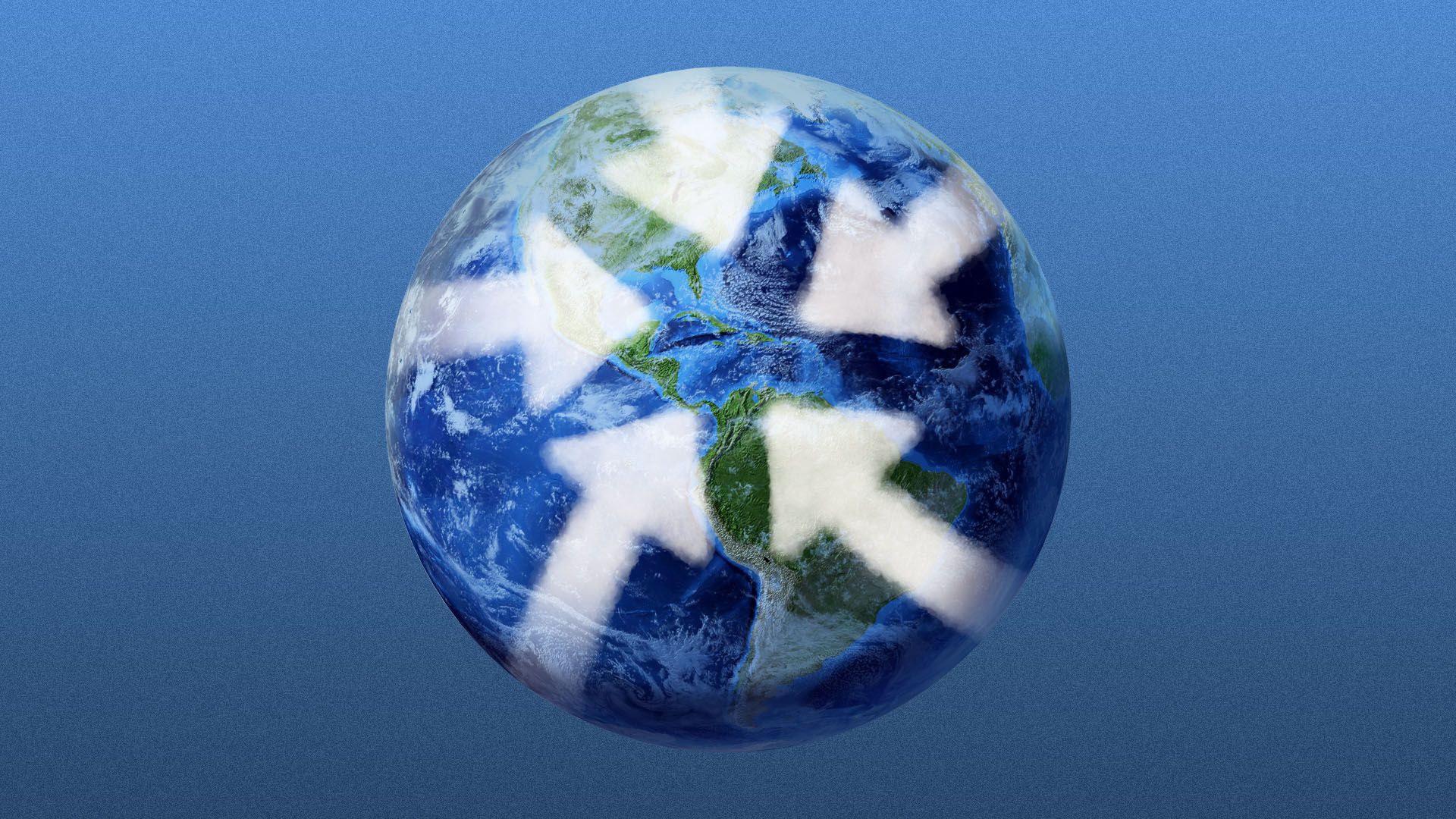 Illustration of the planet earth with clouds shaped like arrows pointing towards each other